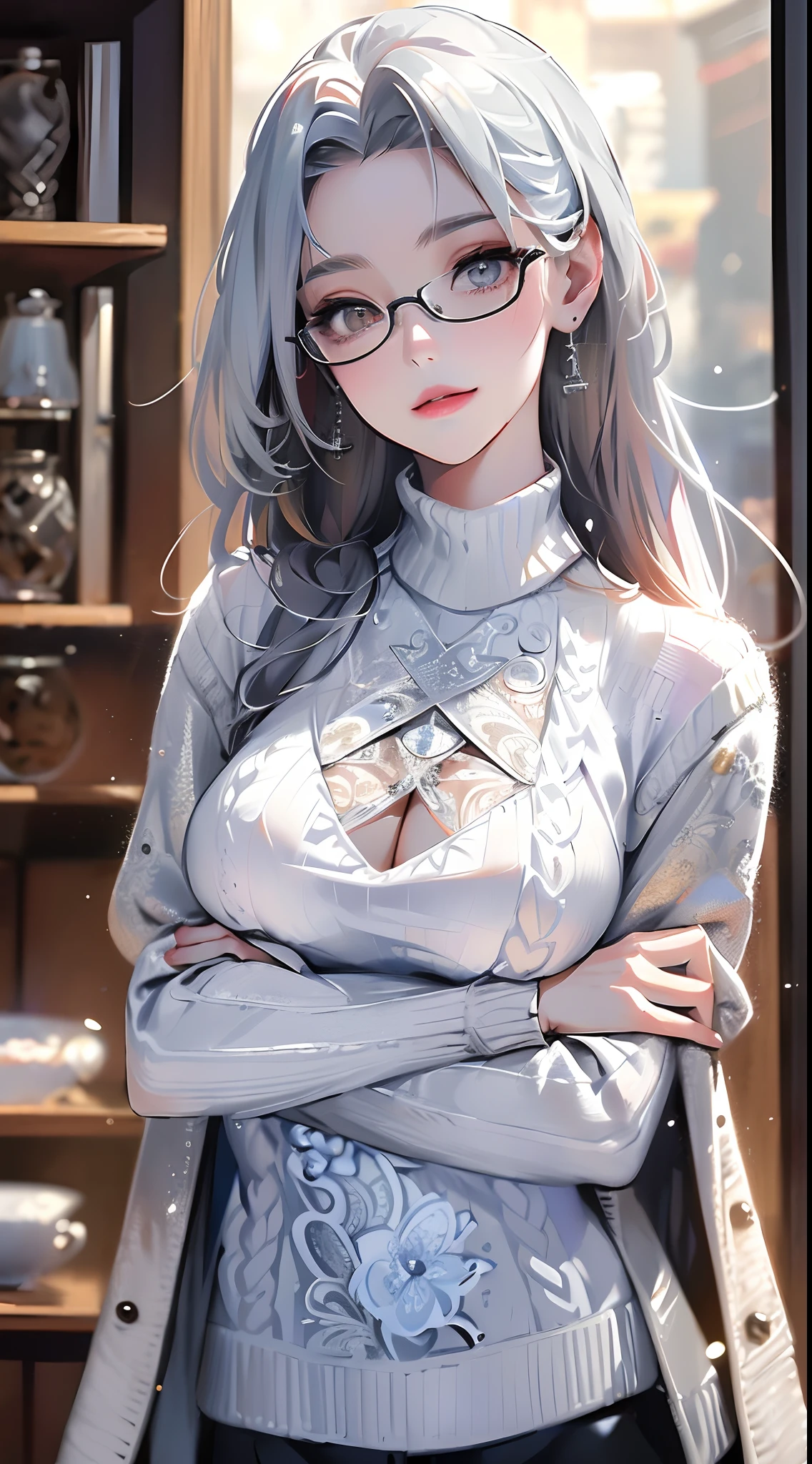 (Sleeveless knit:1.5), (Sultry and sweaty shiny face:1.4),(Sweating:1.4),(Realistic design turtleneck:1.0),, (Huge breasts:1.3), (Clear Lens Glasses:1.2), (Silver Hair:1.3), (ponytail:1.0), (Beautiful Japanese Women:1.3),28 years old,Detailed face, (裸のArmpits),(Armpits:1.3),, (Ultra-high resolution, super high quality, RAW Photos, 8K, masterpiece, Fine skin), (Photorealistic:1.0), (Perfect Anatomy:1.2), ,(((Hands tied above the head:1.5))),(((Lying in bed:1.3))), ((Sensual look:1.5)),(Facing forward:1.3),Sweaty, Blushed Frontal eye contact Kissing Face