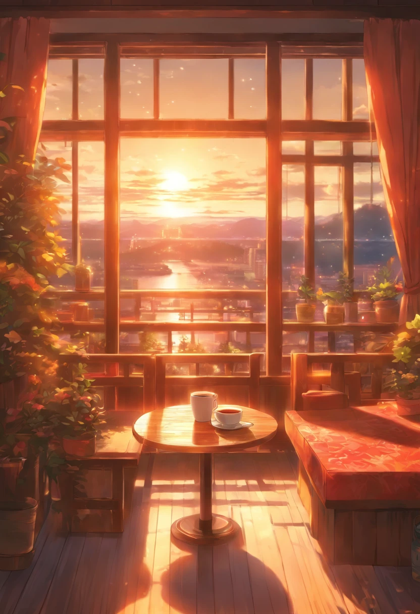 Cafe, coffee table and a large window, interior background art