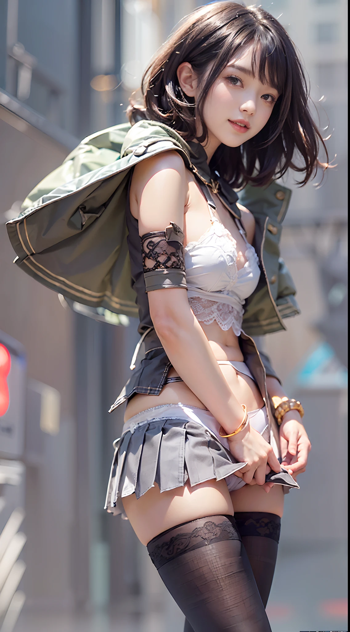 (NSFW), 1womanl, Solo, 24 year old, 7headed body, (cute face), (Ideal ratio body proportions), a miniskirt, (((up skirt))), ((pantie shot)), (((Holding the hem of the skirt with your hands))), (((Lift the hem of your own skirt))), (((skirt rift))), (((skirt lift by yourself))), (((Lift the hem of the skirt with your hand to show the panties to the camera))), Sexy body, heavy wind, panties focus, Smiling smile, short-hair, Dark hair, small tits, A slender, Small buttocks, beauty legs, Skinny Legs, surrealism, Cinematic lighting, depth of fields, One-person viewpoint, F/1.8, 135 mm, nffsw, masutepiece, ccurate, ((Anatomically correct)), Textured skin, Super Detail, high details, High quality, awardwinning, Best Quality, hight resolution, 8K