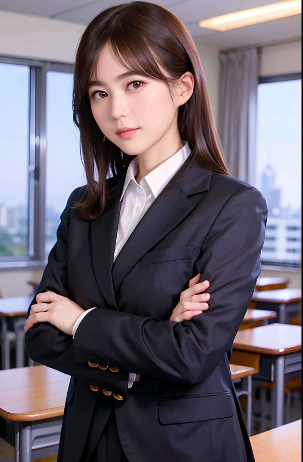 1人、独奏、Parting lips、Officelady、Business suits、sky line、school classrooms、With your arms crossed behind your head、looking at viewert、