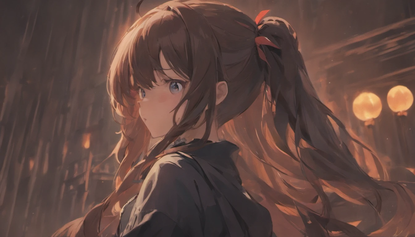 (masterpiece, best quality), age girl, calm expression, delicate and tough, beautiful, dark tan skin, really long black wavy hair with two small half buns, soft blue eyes, wearing a black jacket, one ribbon on each side of the sleeves, wearing a plain black crop top and a plain black skirt, wearing fingerless gloves, her right hand under her chin, her left hand behind her back, detailed digital anime art, detailed portrait of anime girl, clean detailed anime art, portrait of an anime girl