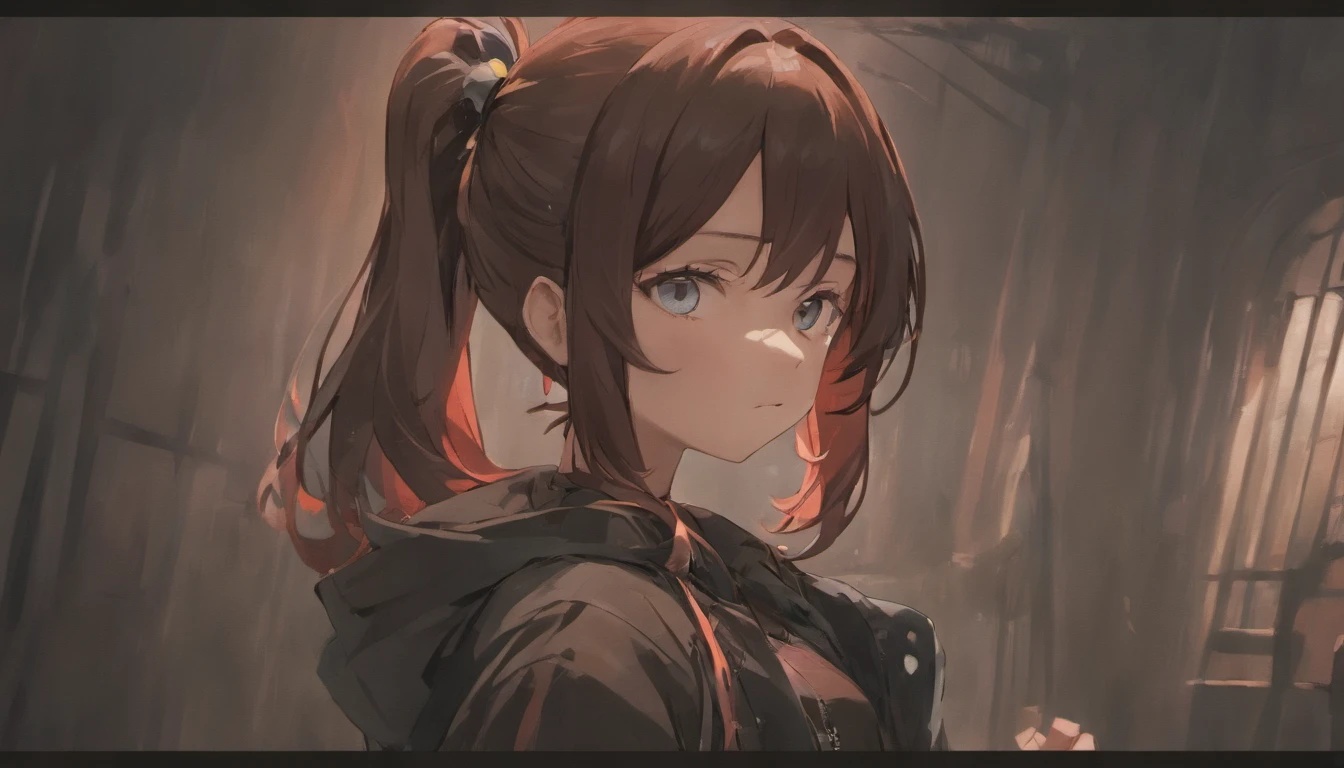 (masterpiece, best quality), age girl, calm expression, delicate and tough, beautiful, dark tan skin, really long black wavy hair with two small half buns, soft blue eyes, wearing a black jacket, one ribbon on each side of the sleeves, wearing a plain black crop top and a plain black skirt, wearing fingerless gloves, her right hand under her chin, her left hand behind her back, detailed digital anime art, detailed portrait of anime girl, clean detailed anime art, portrait of an anime girl