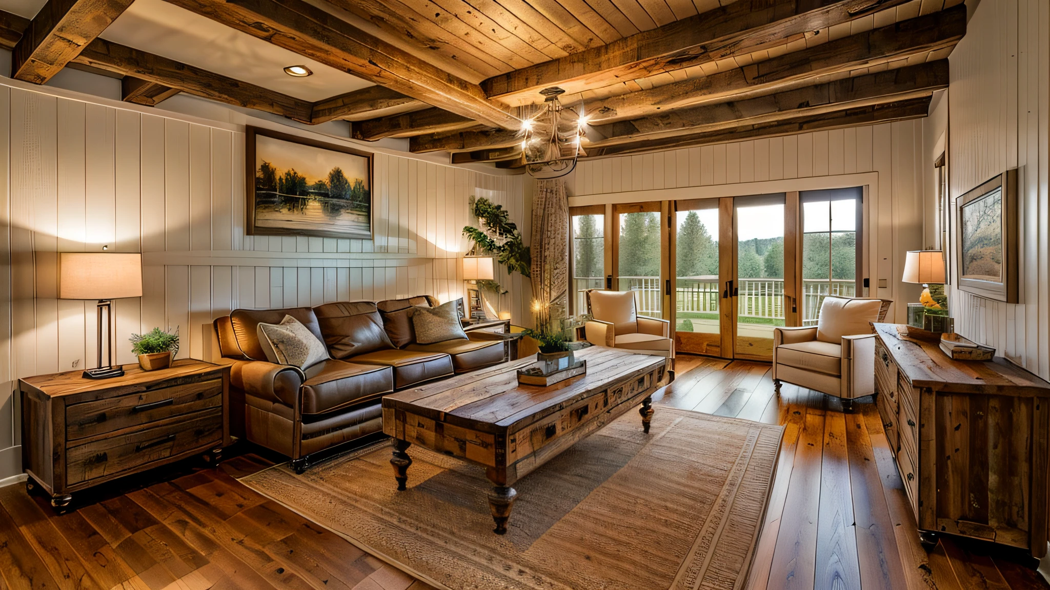 the picture was take in the night, best quality, ((masterpiece)), high quality, high detail,
award winning photography of a livingroom, design with farmhouse interior style,
Exposed wood beams, A neutral color palette , Plants and greenery as accents  ,Vintage or antique accent pieces  ,Shiplap paneling , Large, comfortable furniture, Barn doors, Reclaimed wood, Open shelving, Ample cabinetry,
cozy indoor artificial lighting,