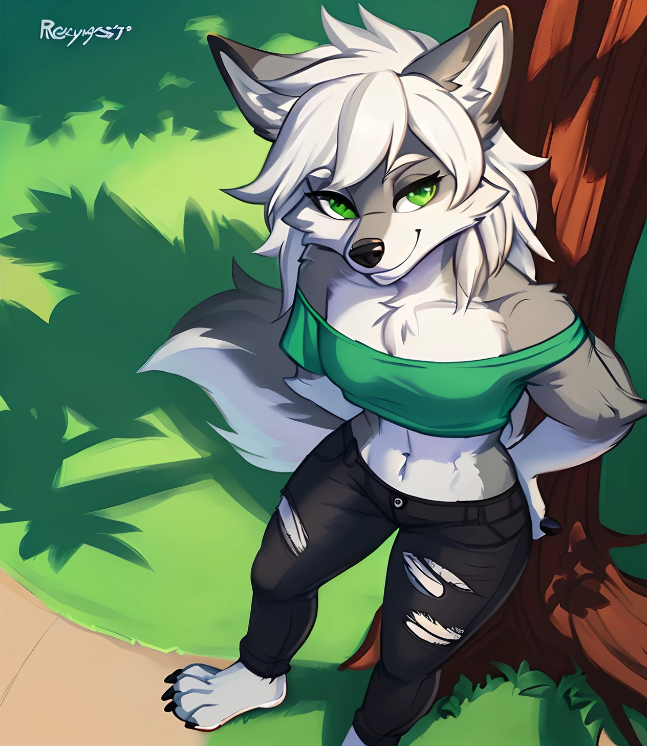 (huge breasts:1.2)(masterpiece)(high quality)(best quality) (1girl),(solo), (slim waist:1.3), detailed eyes, extremely detailed face, Loona, by twistedscarlett60, (looking at viewer), full body portrait, black t-shirt, open dark green jacket, black jeans, sitting on an open pickup truck tailgate, forest in backround