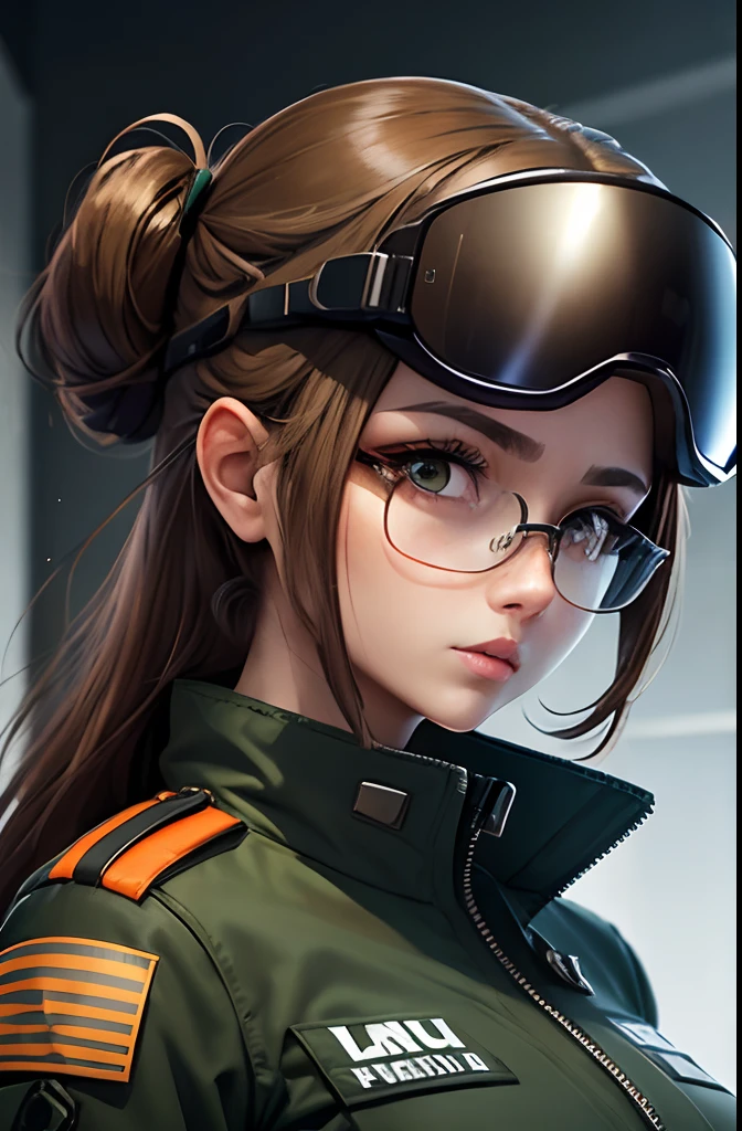 Woman in pilot uniform, Wearing very large futuristic VR goggles on your head, the hair on the head is dark brown, The hair on the head is tied into one, Big eyes、the eyes are orange, Large black-rimmed glasses, Freckles on the cheeks, Please wear an army green color flight jacket , The skin color is tanned dark brown