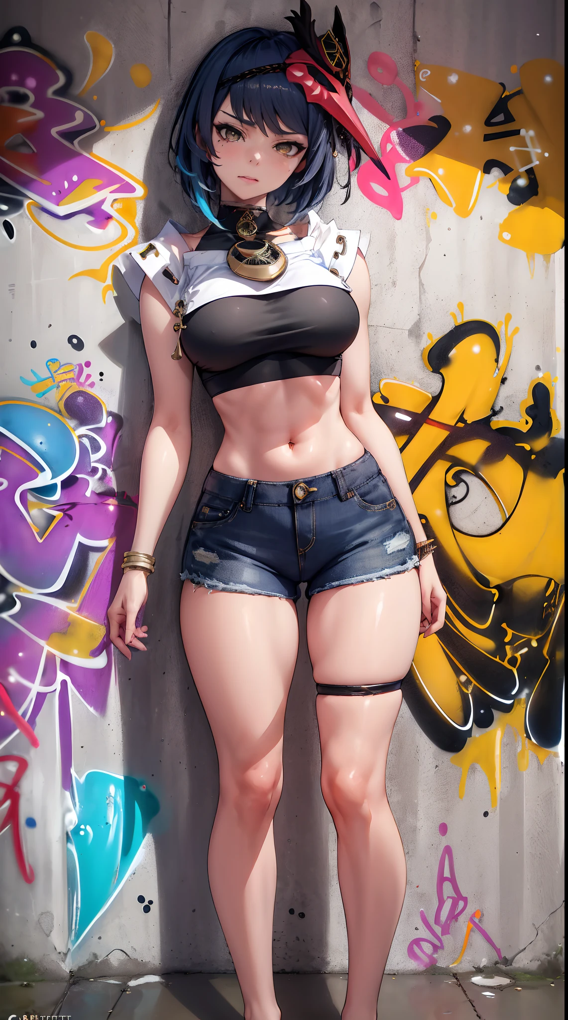 Kujou Sara Genshin Effect, masterpiece, bestquality, 1girls, bara, crop top, shorts jeans, choker, (Graffiti:1.5), color splashes, arm behind back, against wall, looking at the audience, bracelet, Thigh strap, Paint on the body.................., Head tilt, bored, multicolored hair, water eyes, headset,