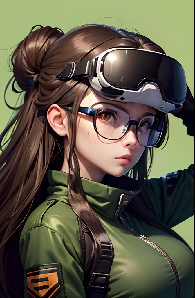 Woman wearing very big futuristic VR goggles on her head, the hair on the head is dark brown, The hair on the head is tied into one, big eye、the eyes are orange, Large black-rimmed glasses, Freckles on the cheeks, Please wear an army green color flight jacket , The skin color is tanned dark brown