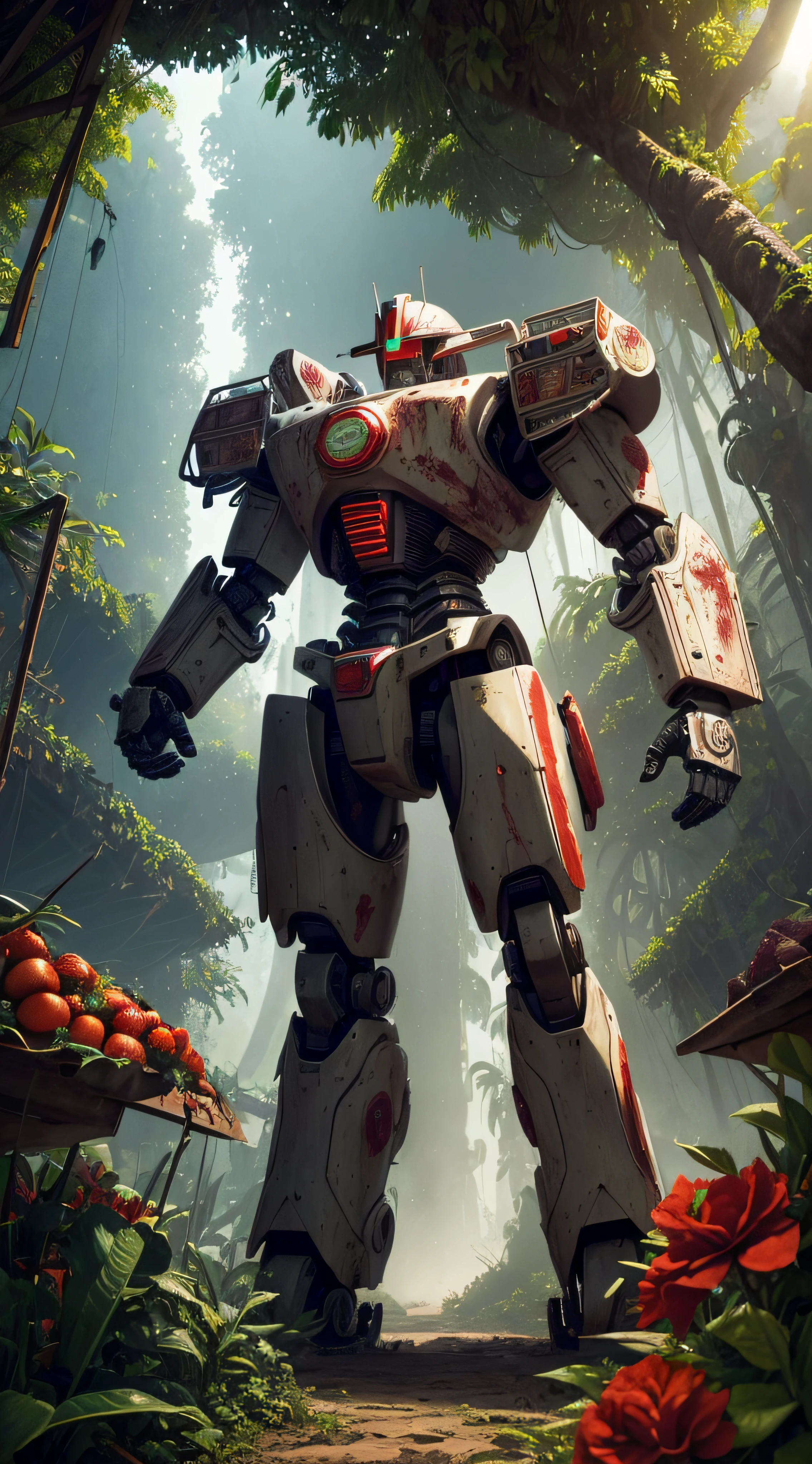 (extremadamente detallado, obra maestra, La mejor calidad, foto antigua, principios de siglo, VHS Aesthetics) Great retro robot with blood in robotic hands. cannons on his back. In the middle of a strange jungle. Vegetables from another dimension. Epic flowers far away, organic trees with meat. Light Volumetric