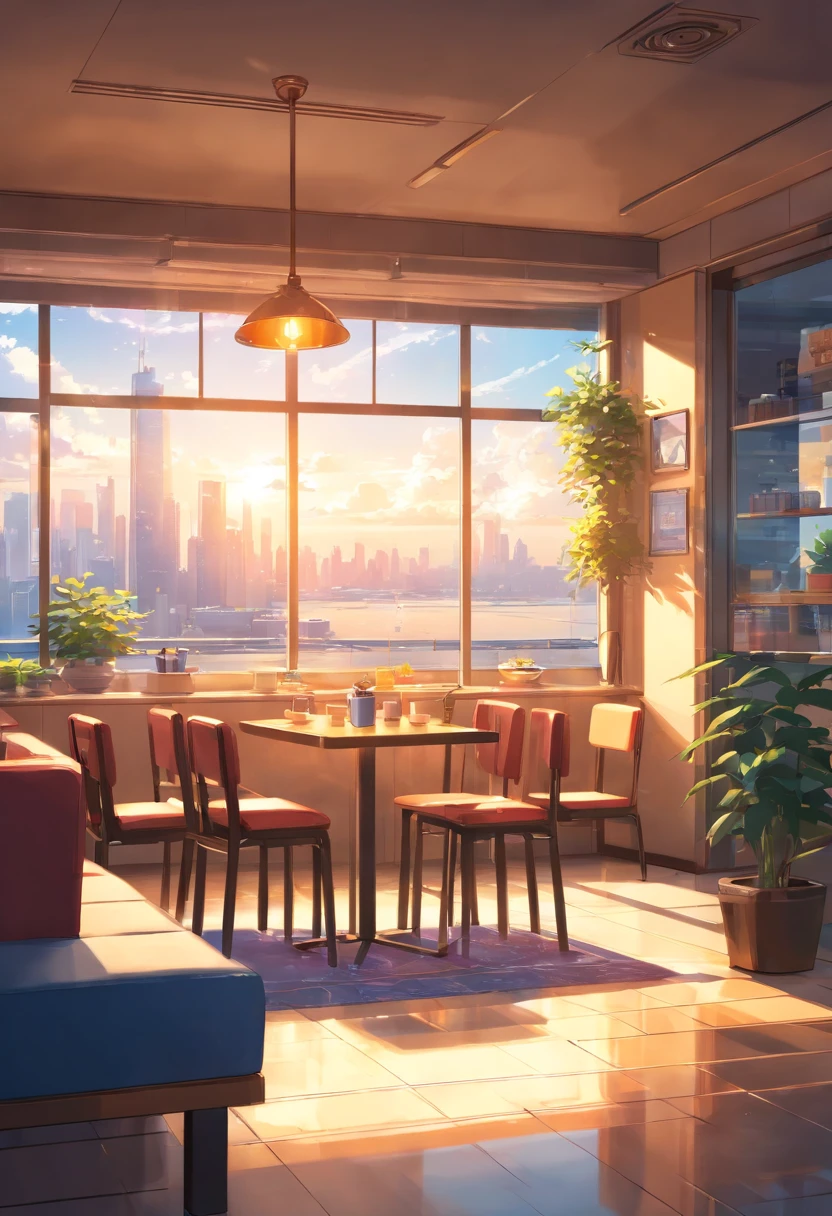 Cafe, coffee table and a large window, interior background art