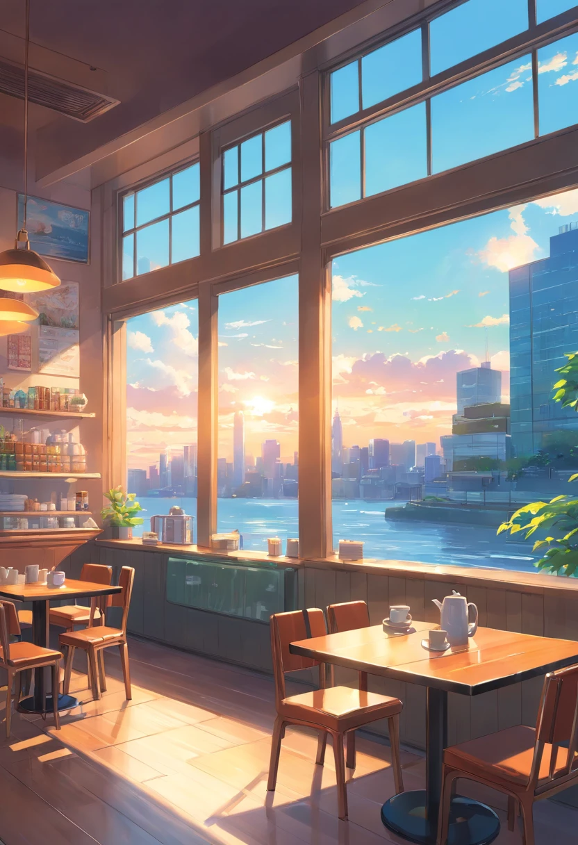 Cafe, coffee table and a large window, interior background art