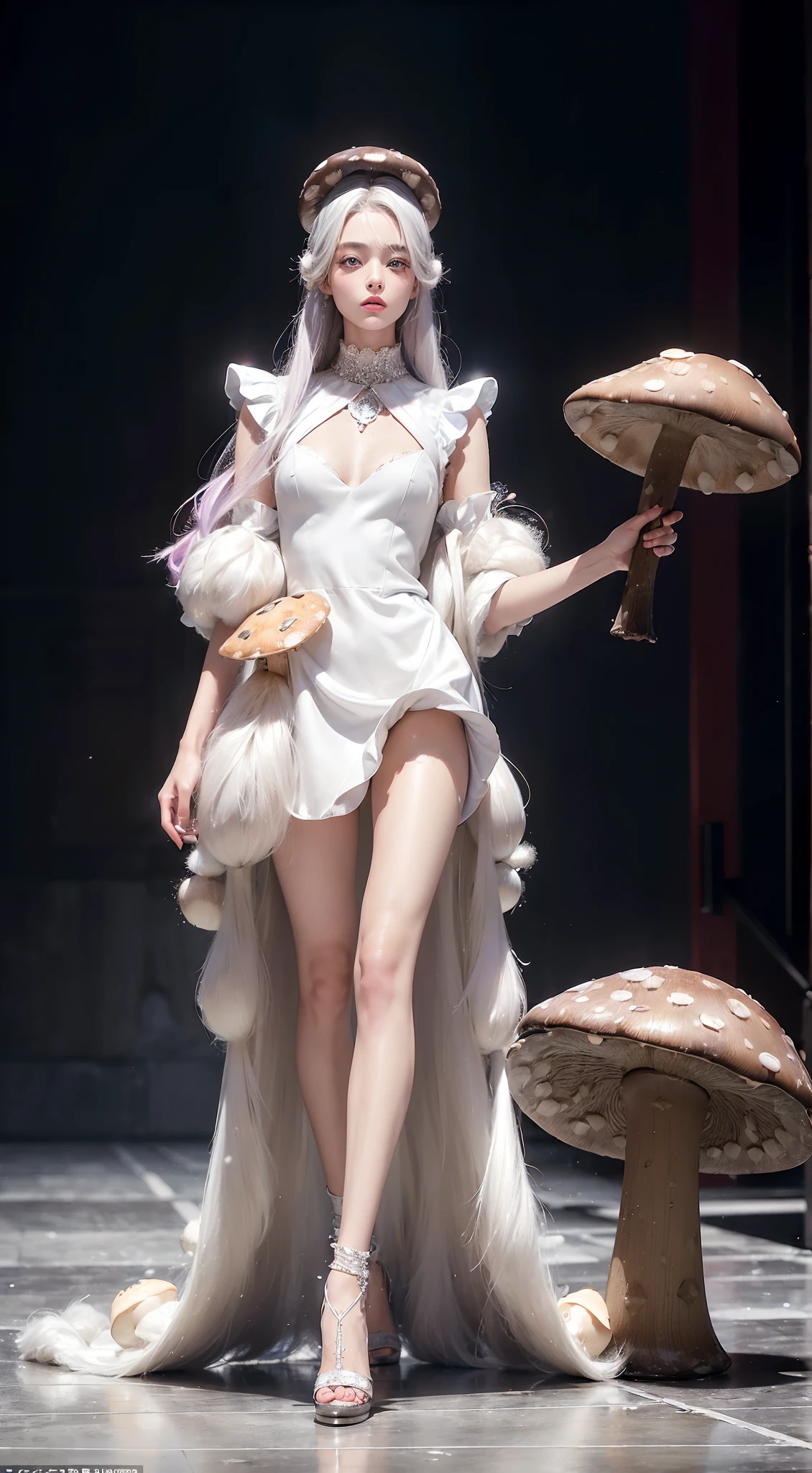 (super model:1.3), fashion show, model walking, (walking runway:1.3), (audience:1.3),
break
eccentric fashion, (fluffy dress:1.3), spot light, full body,
break
starly eyes, platinum hair, sparkle skin, (mushroom on head:1.3), (hyperrealistic, raw photo:1.3), (pastel color:1.2), serious, (fisheye:1.2),