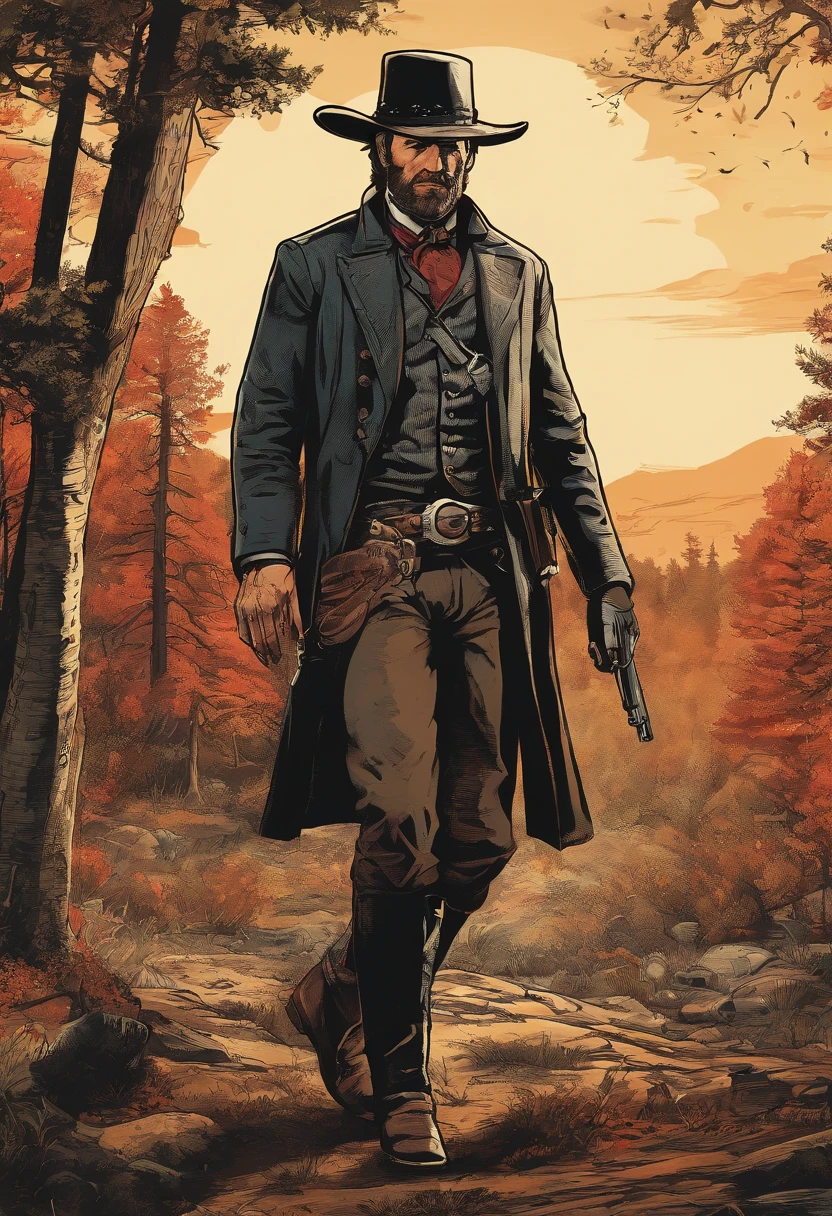 Full body picture of  A dangerous outlaw gunslinger from Red Dead Redemption 2, wearingblack leather coat,suit vest,clean shaven,no beards,detailed portrait, vintage illustration, high-res, realistic colors, intricate drawing, vibrant colors, dramatic lighting, full body shot, nothing but clean sheven on face, full body from feet to top. a American eastern 1899 forest cabin background, with grass and many many trees,cigarette card