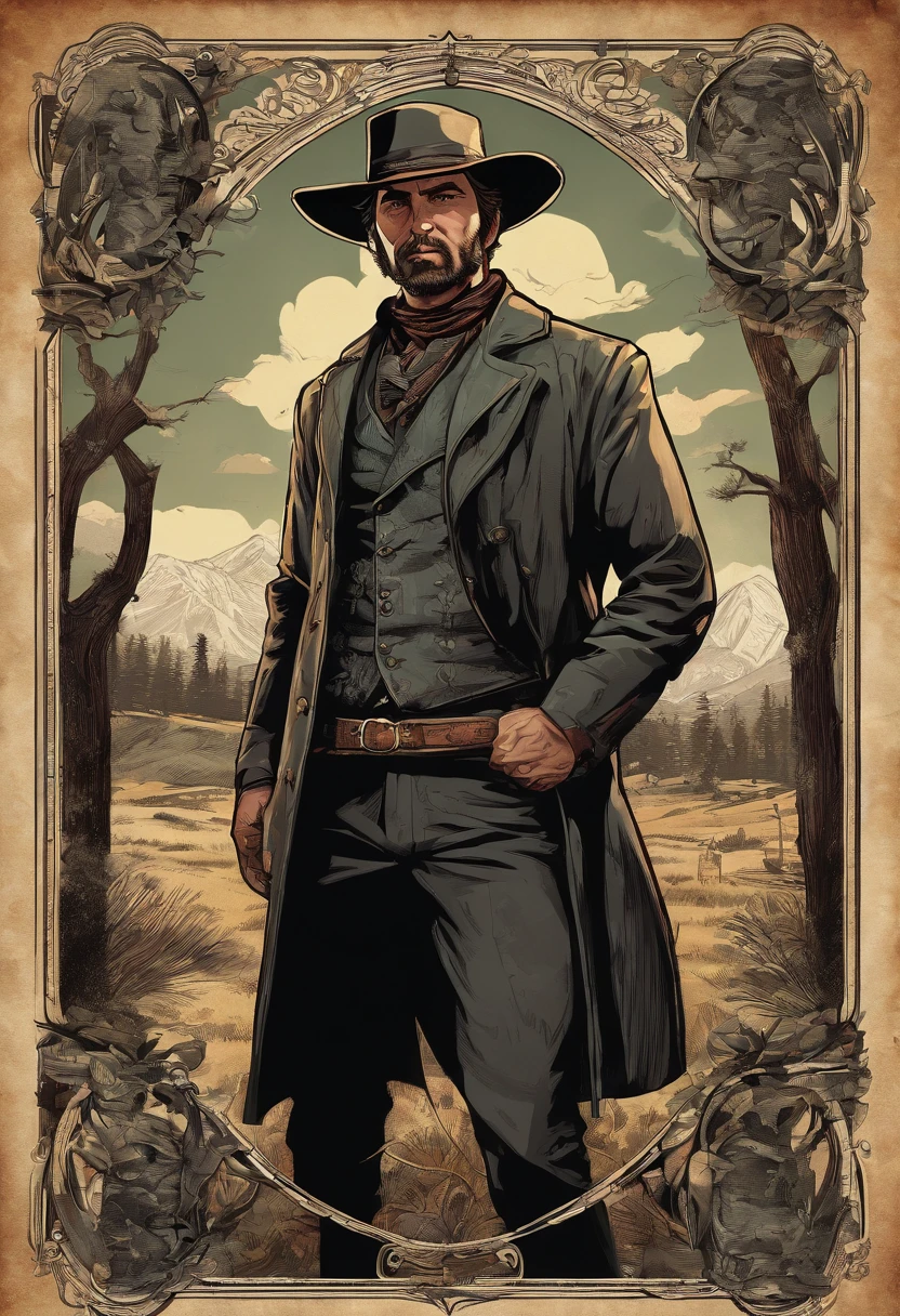 Full body picture of A dangerous outlaw gunslinger from Red Dead Redemption 2, wearingblack leather coat,suit vest,clean shaven,no beards,detailed portrait, vintage illustration, high-res, realistic colors, intricate drawing, vibrant colors, dramatic lighting, full body shot, nothing but clean sheven on face, full body from feet to top. a American eastern 1899 forest cabin background, with grass and many many trees,cigarette card