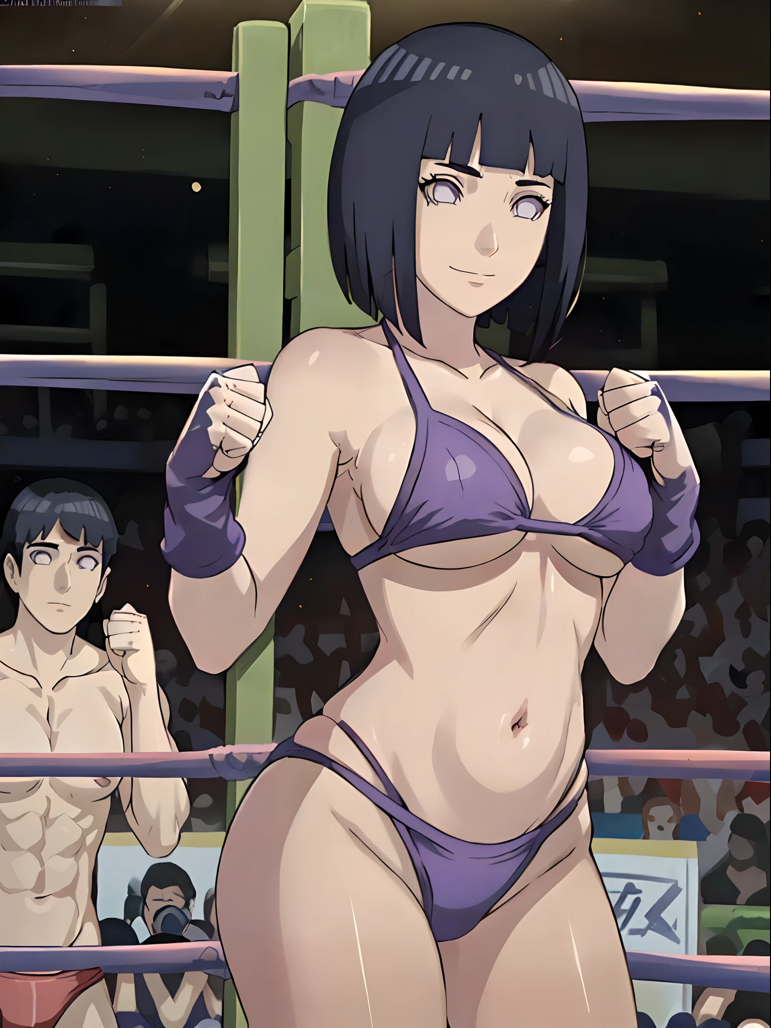 anime style, wrestling ground, (hinata\(boruto\), (female wrestler), (slender body), mature woman, milf, (bikini, pro wrestling gear) victorious, gorgeous, winner, kind face, smile, closed mouth, pale skin, (dark blue hair color:1.1), wavy hair, ((short hair, hime cut), big breasts, (only one arm stretching), long belly, closed fists
