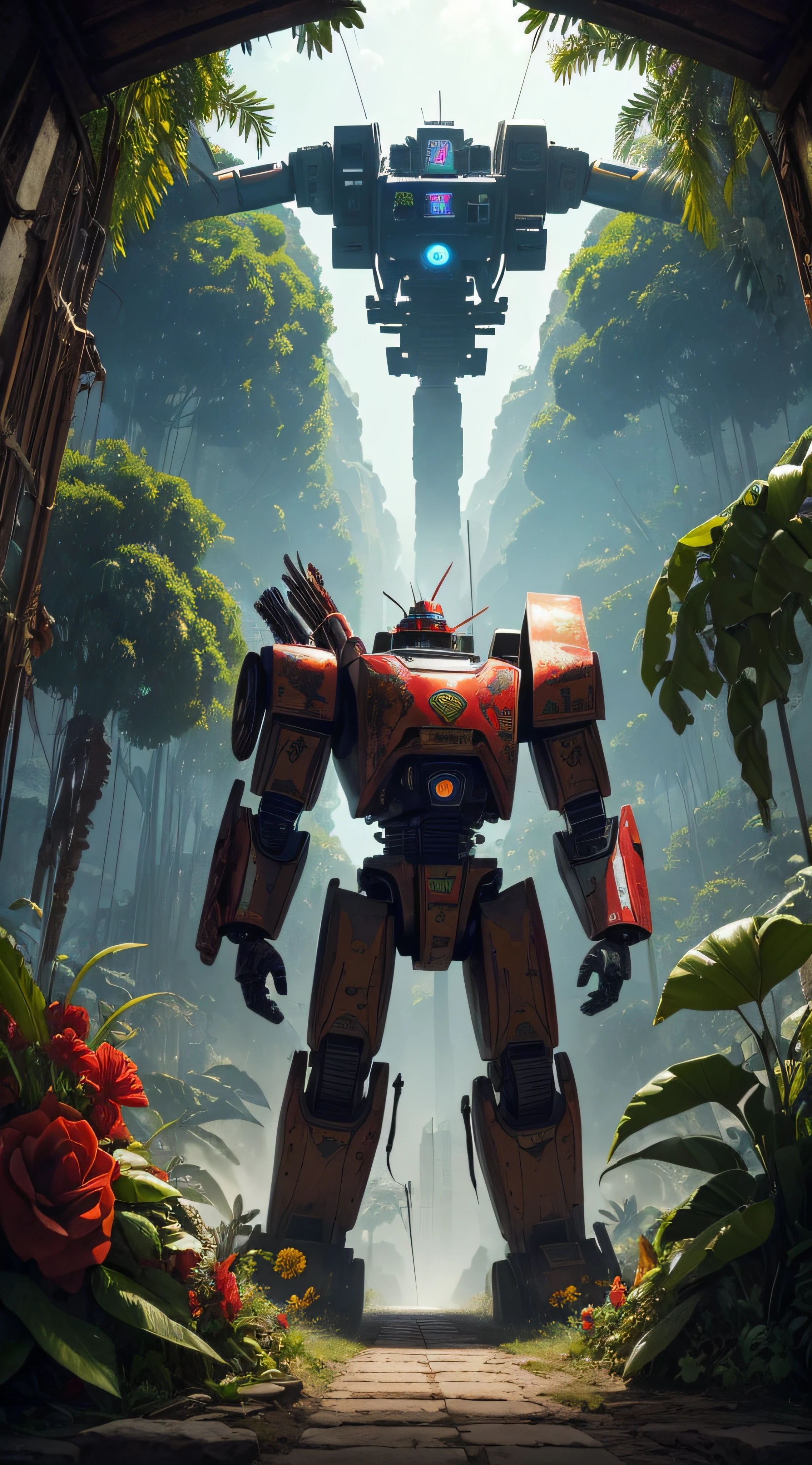 (extremadamente detallado, obra maestra, La mejor calidad, foto antigua, principios de siglo, VHS Aesthetics) Great retro robot with blood in robotic hands. cannons on his back. In the middle of a strange jungle. Vegetables from another dimension. Epic flowers far away, organic trees with meat. Light Volumetric