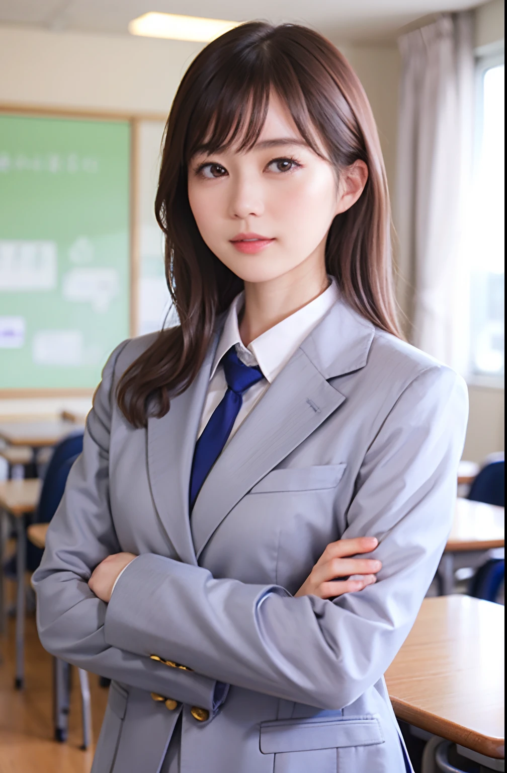 1人、独奏、Parting lips、Officelady、Business suits、sky line、school classrooms、With your arms crossed behind your head、looking at viewert、