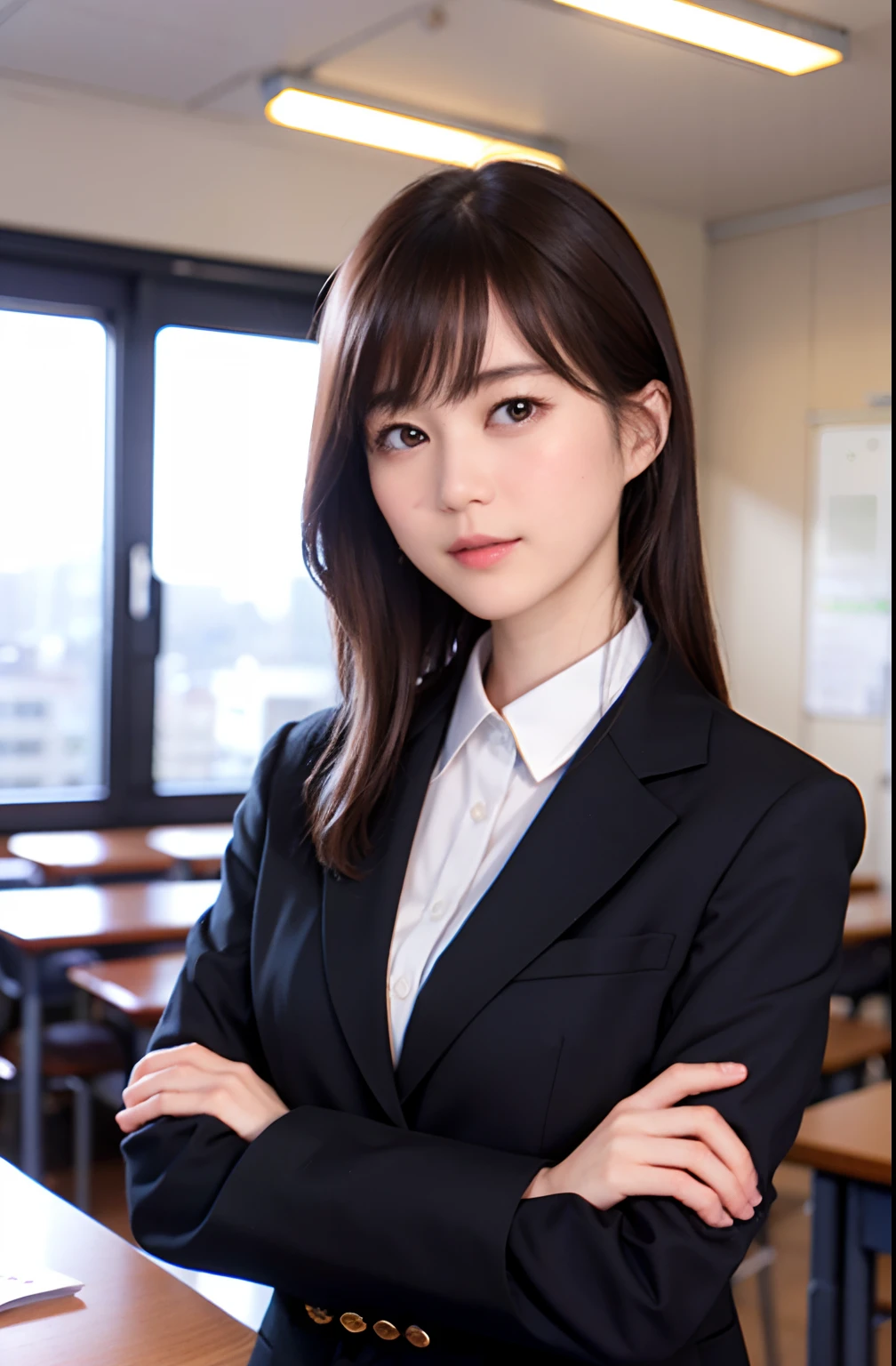 女の子1人、独奏、Parting lips、Officelady、Business suits、sky line、school classrooms、With your arms crossed behind your head、looking at viewert、