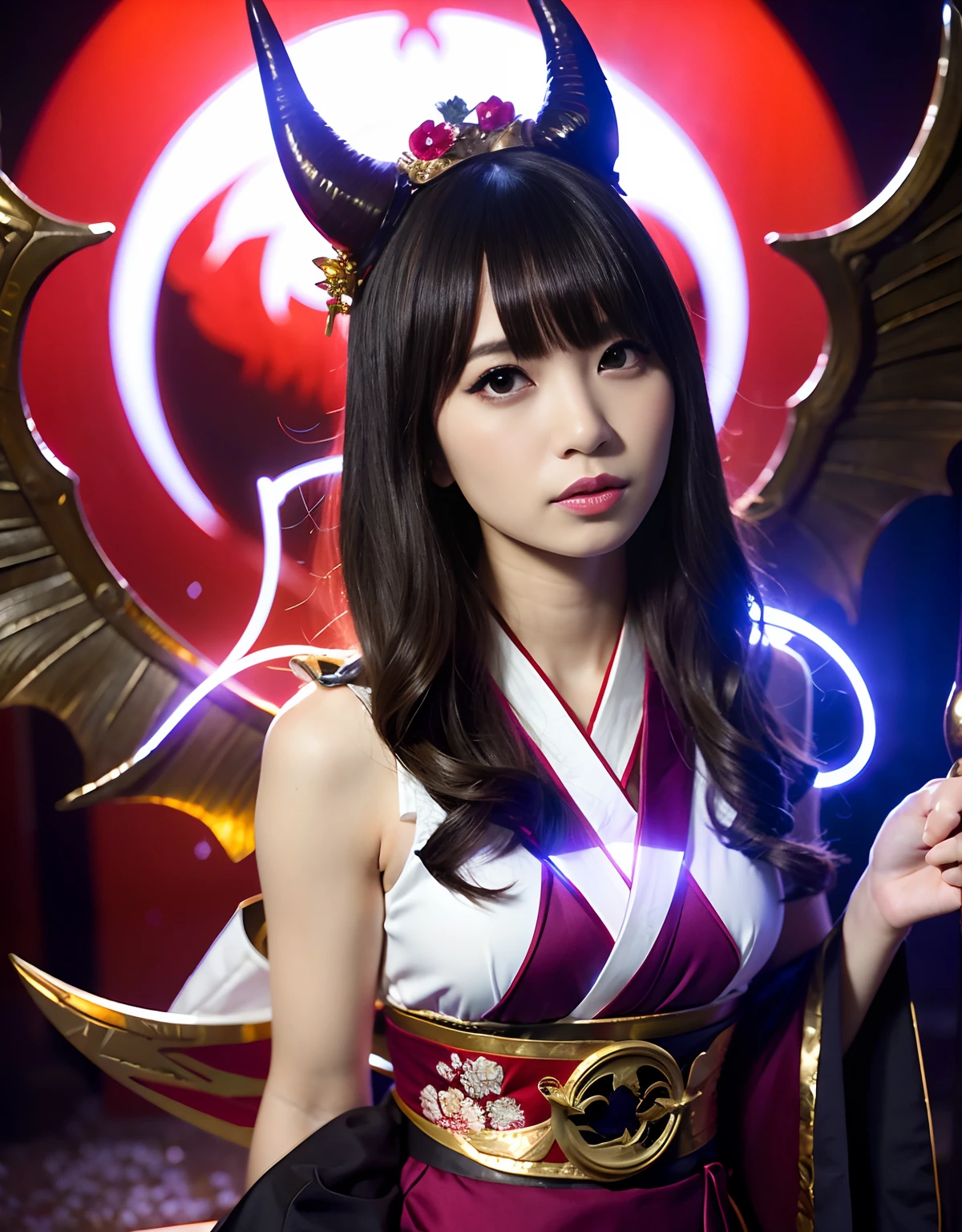 ((World of Darkness)),Professional , masterpiece、top-quality、photos realistic , depth of fields 、(Maiko's hairstyle)、(Background of cherry blossoms in full bloom),(Ultimate Beauty)、Red-haired、(Fight ninjas)、(Kimono with beautiful pattern)、(Night background)、((a dark night)),(Wear a beautiful kimono),(Wear a beautiful kimono with colorful floral patterns)、Jewel Gold Weapon、Particles of light),(Has a devil's mask)、Gorgeous gold weapons ,(( Gorgeous Dragon Sword)) , (a dark night),,(maikurobikini) 、((Black Haired Beautiful Girl))、(Castle background)、(demonic wings)、((Gangle's forest background))、Beautiful Caucasian beauty、1a person、dynamic ungle,(((Two devil's horns on the head)))、Smaller head、Idle Smile、Thin and beautiful female hands、Mystical expression、Light Effects、intense fighting、Wind-effect、magic circles、With the legendary magic wand、Dragon's tail、Anatomically correct body、