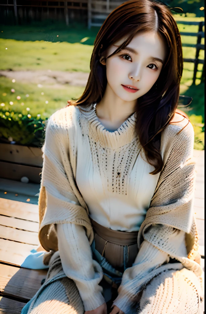 top-quality、masutepiece、8k、parfect anatomy、-yeld gibrown haired, Brown eyes, Natural look sitting cross-legged on wooden pier, Dressed in a scruffy brown poncho, trouser, Bare legged, male child, Trhind々And cloudy skies