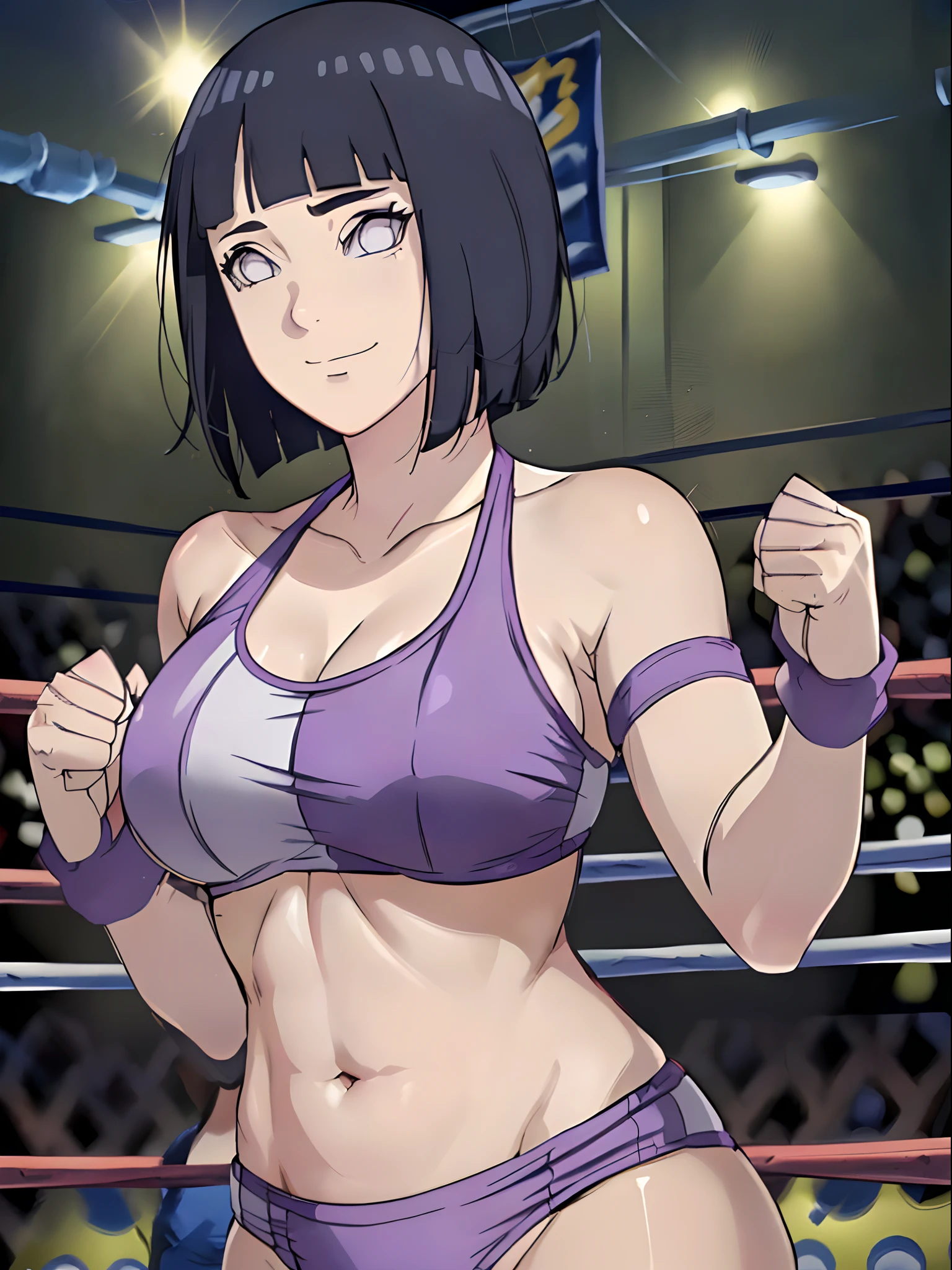anime style, wrestling ground, (hinata\(boruto\), (female wrestler), (slender body), mature woman, milf, (bikini, pro wrestling gear) victorious, gorgeous, winner, kind face, smile, closed mouth, pale skin, (dark blue hair color:1.1), wavy hair, ((short hair, hime cut), big breasts, (only one arm stretching), long belly, closed fists