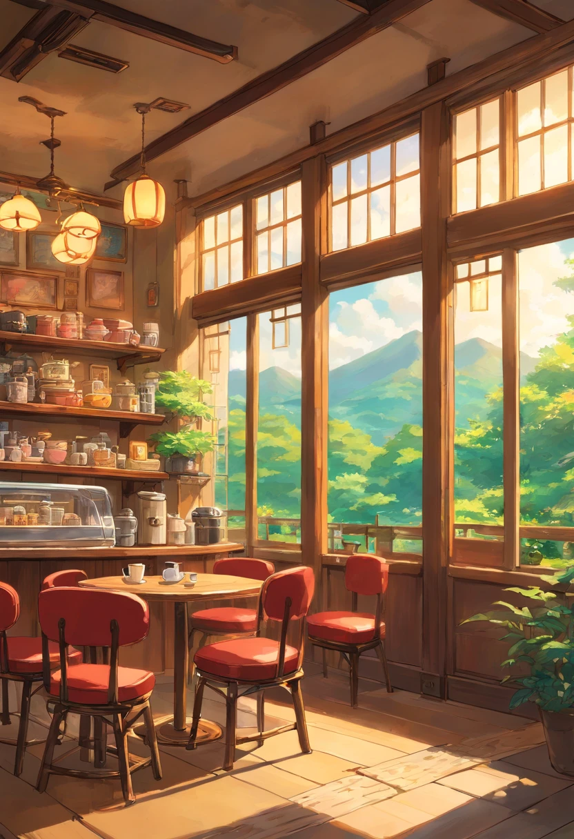 Cafe, coffee table and a large window, interior background art