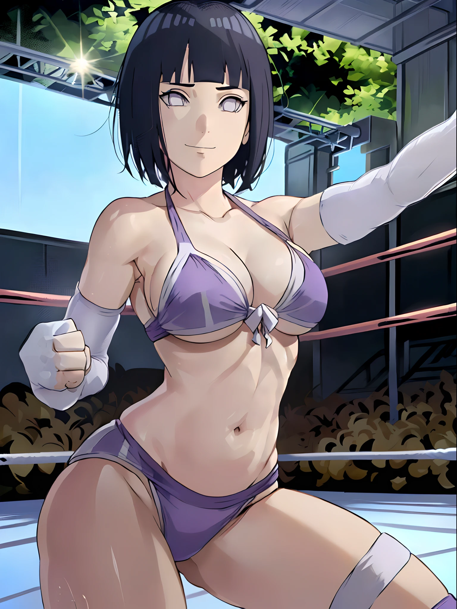 anime style, wrestling ground, (hinata\(boruto\), (female wrestler), (slender body), mature woman, milf, (bikini, pro wrestling gear) victorious, gorgeous, winner, kind face, smile, closed mouth, pale skin, (dark blue hair color:1.1), wavy hair, ((short hair, hime cut), big breasts, (only one arm stretching), long belly, closed fists