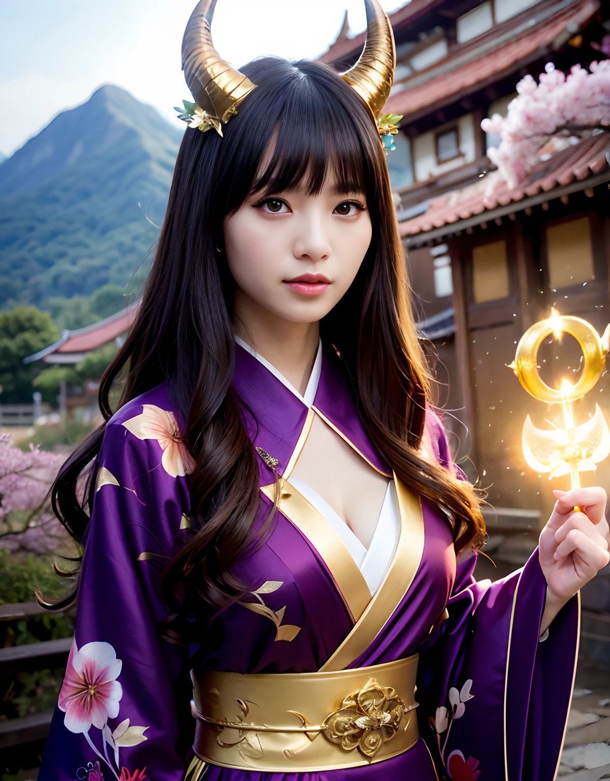 ((World of Darkness)),Professional , masterpiece、top-quality、photos realistic , depth of fields 、(sexypose)、(Background of cherry blossoms in full bloom),(Ultimate Beauty)、A dark-haired、(White bikini armor)、(Kimono with beautiful pattern)、(Night background)、((Wearing a skeleton helmet)),(Wear a beautiful kimono),(Wear a beautiful kimono with colorful floral patterns)、Jewel Gold Weapon、Particles of light),(Has a devil's mask)、Gorgeous gold weapons ,Skeleton population、(( Gorgeous Dragon Sword)) , (a dark night),,(maikurobikini) 、((Black Haired Beautiful Girl))、(Castle background)、(demonic wings)、((Gangle's forest background))、Beautiful Caucasian beauty、1a person、dynamic ungle,(((Two devil's horns on the head)))、Smaller head、Idle Smile、Thin and beautiful female hands、Mystical expression、Light Effects、intense fighting、Wind-effect、magic circles、With the legendary magic wand、Dragon's tail、