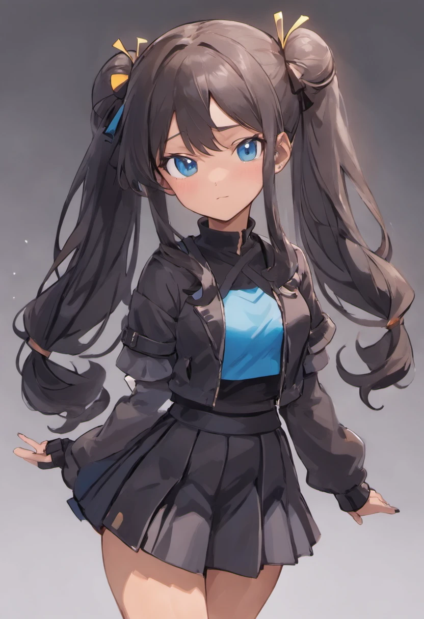 (masterpiece, best quality), teenage girl, calm expression, delicate and tough, beautiful, dark tan skin, really long black wavy hair with two small half buns, soft blue eyes, wearing a black jacket, one ribbon on each side of the sleeves, wearing a plain black crop top and a plain black skirt, wearing fingerless gloves, her right hand under her chin, her left hand behind her back, detailed digital anime art, detailed portrait of anime girl, clean detailed anime art, portrait of an anime girl