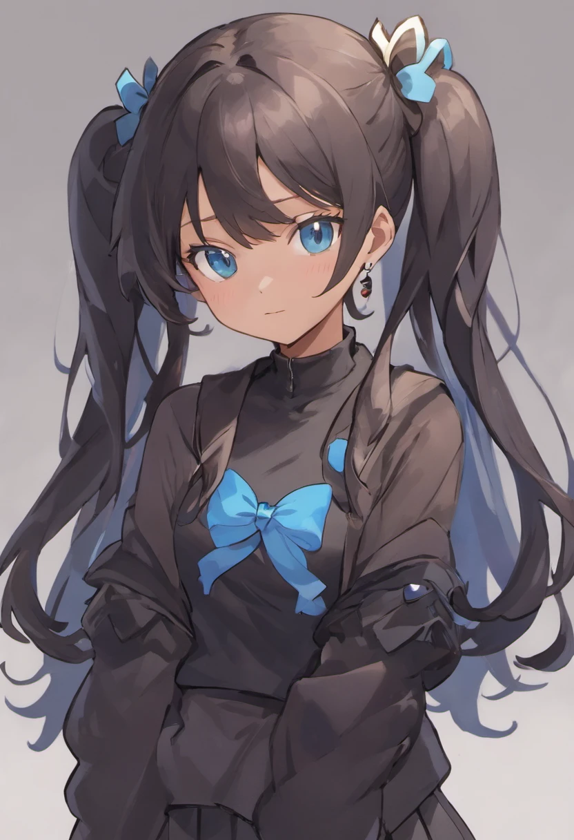 (masterpiece, best quality), teenage girl, calm expression, delicate and tough, beautiful, dark tan skin, really long black wavy hair with two small half buns, soft blue eyes, wearing a black jacket, one ribbon on each side of the sleeves, wearing a plain black crop top and a plain black skirt, wearing fingerless gloves, her right hand under her chin, her left hand behind her back, detailed digital anime art, detailed portrait of anime girl, clean detailed anime art, portrait of an anime girl