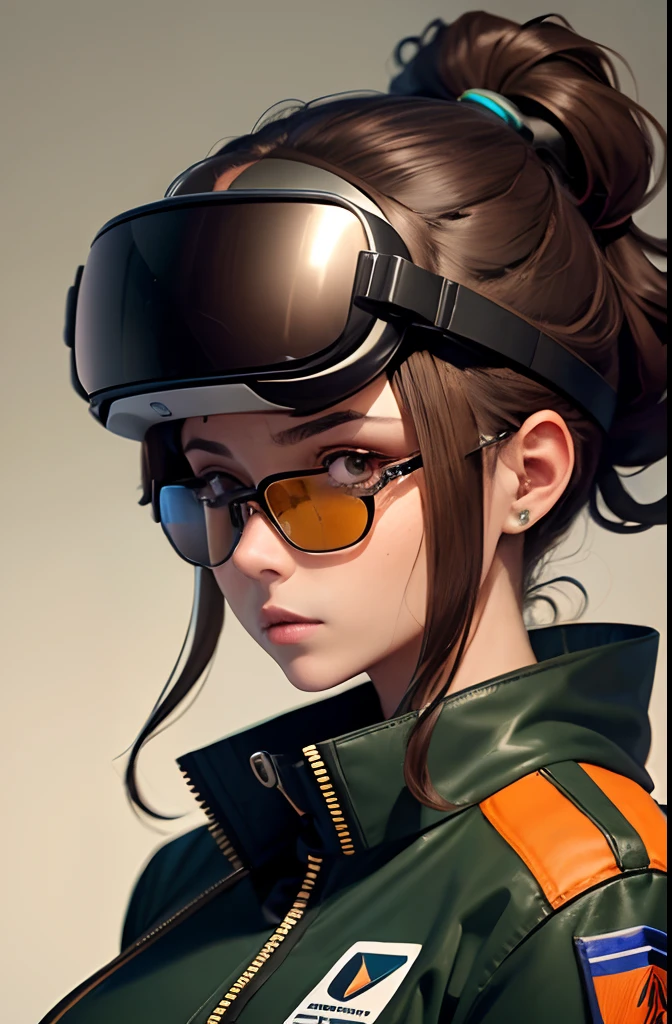 Woman in pilot uniform,  Wearing very large futuristic VR goggles on your head, the hair on the head is dark brown, The hair on the head is tied into one, Big eyes、the eyes are orange, Large black-rimmed glasses, Freckles on the cheeks, Please wear an army green color flight jacket , The skin color is tanned dark brown