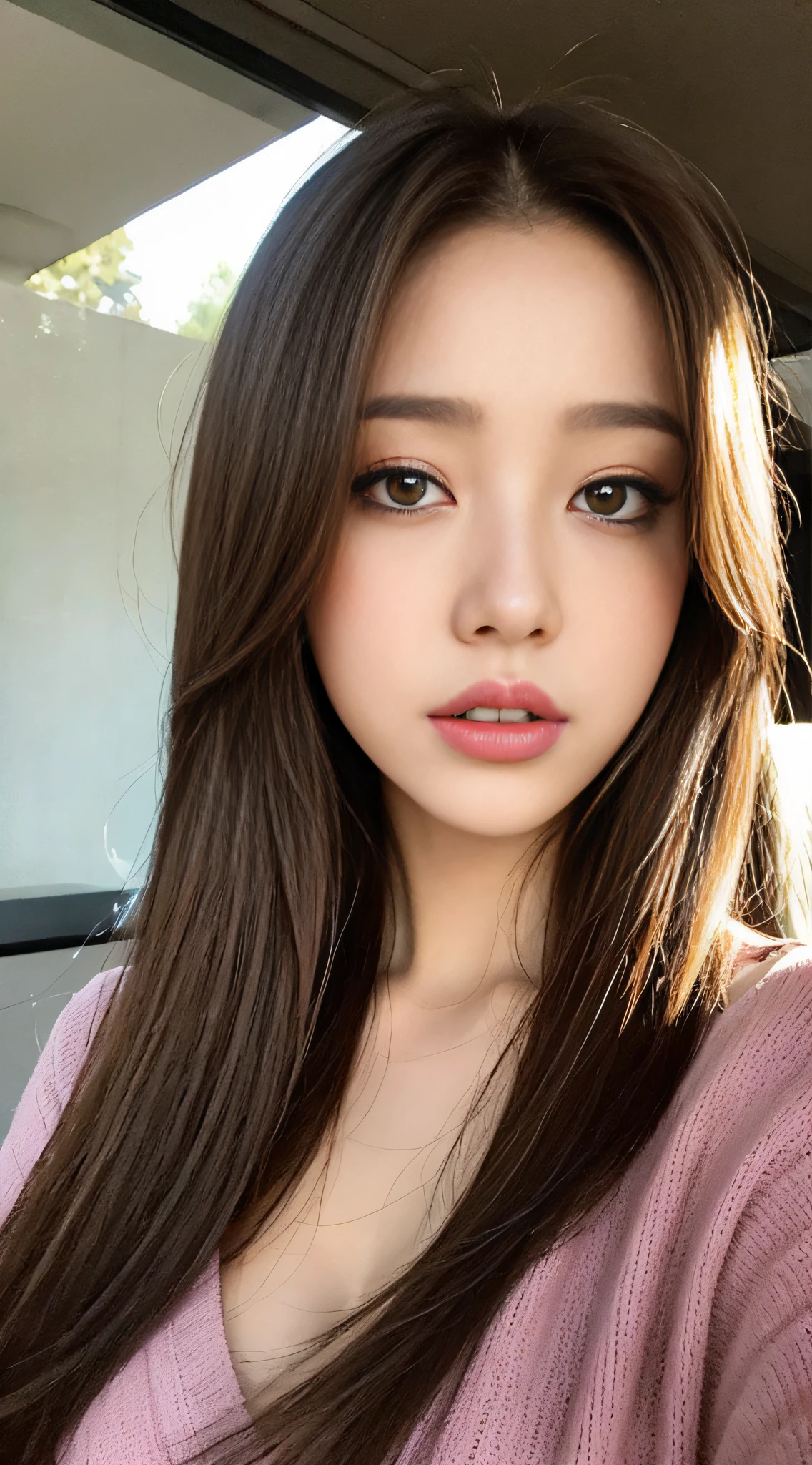 ((Realistic lighting, Best quality, 8K, Masterpiece: 1.3)), Clear focus: 1.2, 1girl, Perfect beauty: 1.4, Big breasts: 1.2, Slim abs: 1.1, ((dark brown hair)), (winter clothes), (indoor), night: 1.1), Seoul cafe, Super fine face, fine eyes, Double eyelids,