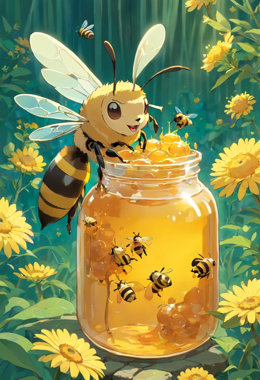 Erstellen Sie eine Illustration, in which bee-like creatures feast on honey jar. Imagine these bee-like creatures, die den honig mit ihren winzigen Beinen halten und es begeistert verschlingen, (honig)