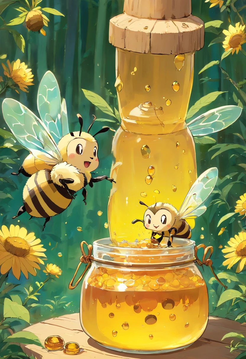 Erstellen Sie eine Illustration, in which bee-like creatures feast on honey jar. Imagine these bee-like creatures, die den honig mit ihren winzigen Beinen halten und es begeistert verschlingen, (honig)