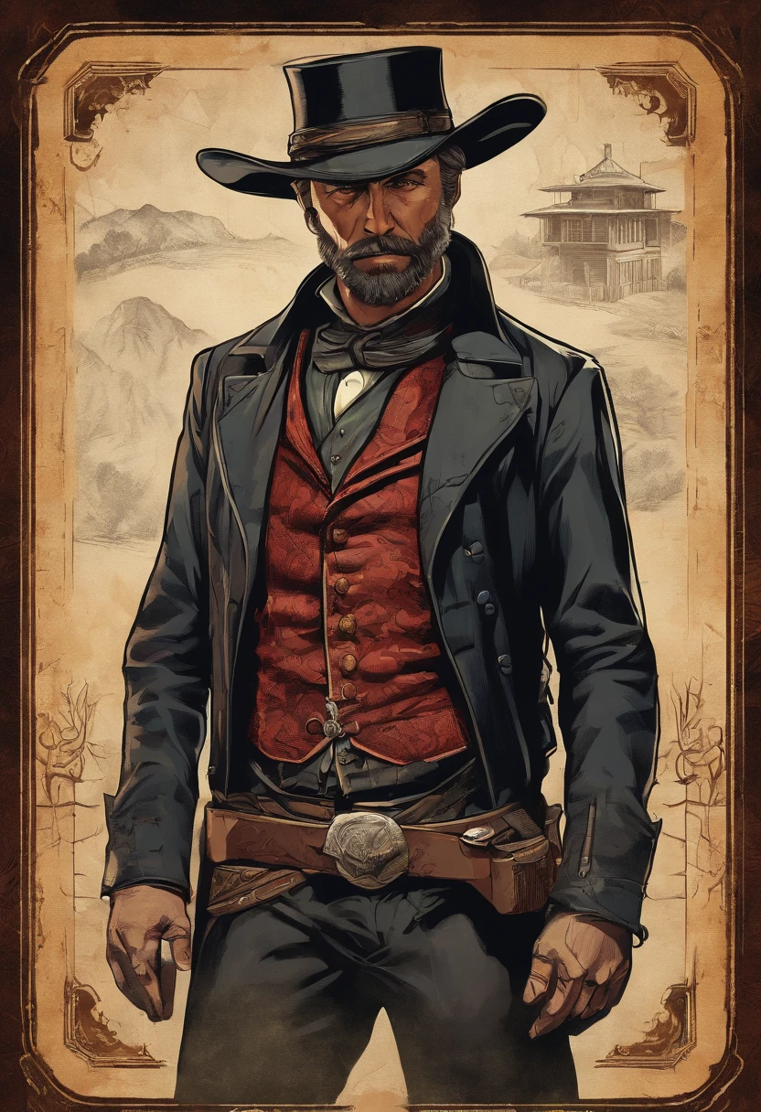 Full body picture of  A dangerous outlaw gunslinger from Red Dead Redemption 2, wearingblack leather coat,suit vest,clean shaven,no beards,detailed portrait, vintage illustration, high-res, realistic colors, intricate drawing, vibrant colors, dramatic lighting, full body shot, nothing but clean sheven on face, full body from feet to top. a American eastern 1899 forest cabin background, with grass and many many trees,cigarette card colors,cigarette card,old paper texture