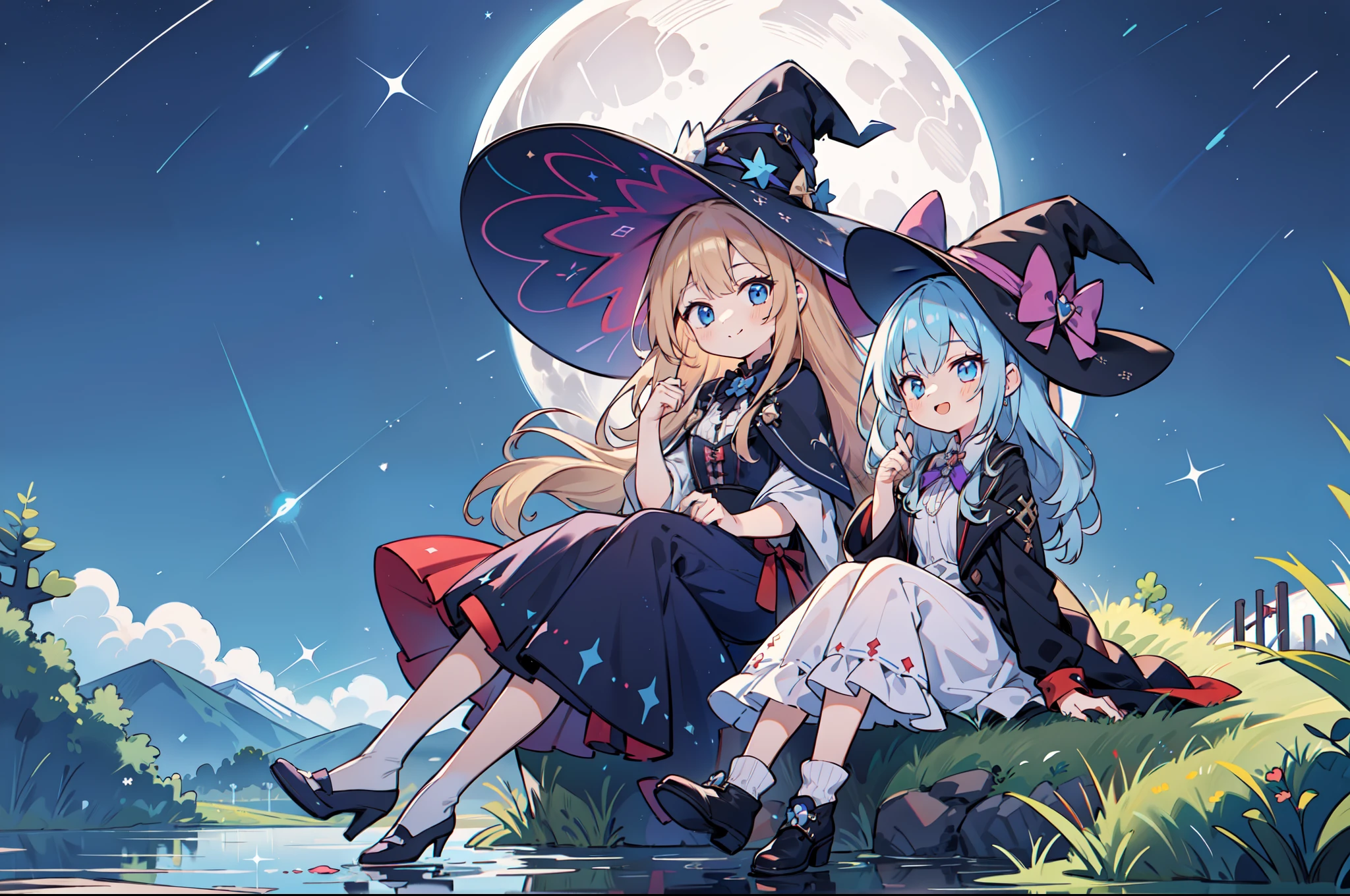 Two girls are sitting. They are twins dressed as witches。It's a smile。The two witches wear the same hat。I am on the lake with the moon in the background。Colorful. ultra-detailliert. high-level image quality。