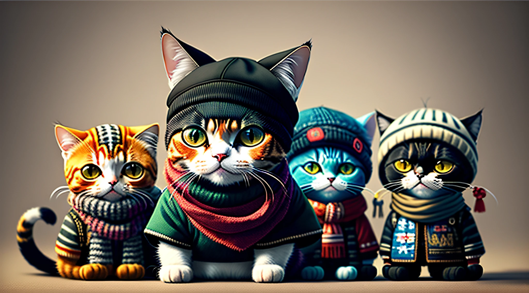 Photo of a cat wearing a hat and scarf、Art Station Trend、People in punk clothes、Ultra-realistic detail rendering、UK gang members、Urban style、intimidating pose、planet of the cats、Fashion Clothing、Urban Samurai、meow、West Slavic traits、8 1 5、Highest image quality 8K