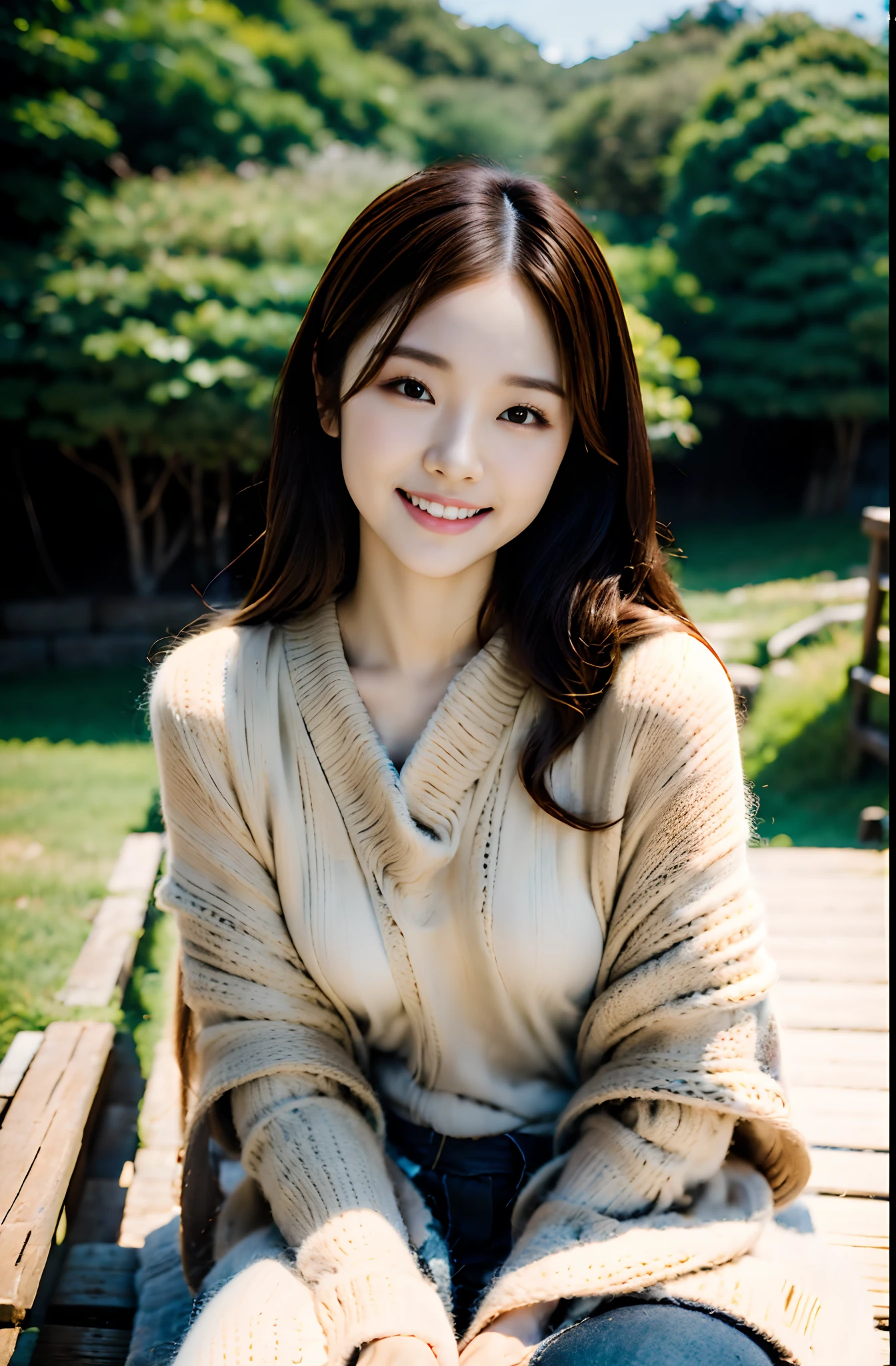 top-quality、masutepiece、8ｋ、parfect anatomy、16-year-old girl,brown haired, Brown eyes, Sitting cross-legged on a wooden pier, Smiling, Dressed in a scruffy brown poncho, trouser, Bare legged, male child, Tree behind々And cloudy skies