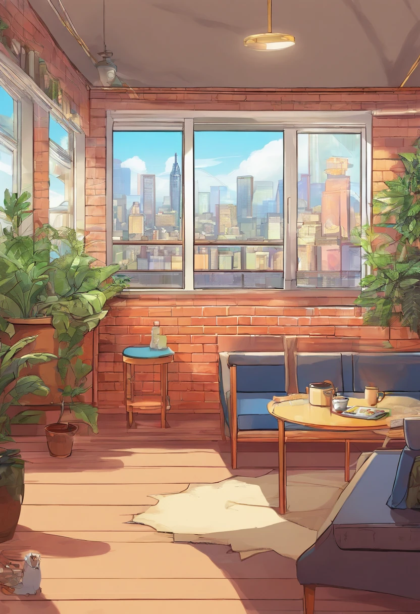 Cafe, coffee table and a large window, interior background art,style of anime