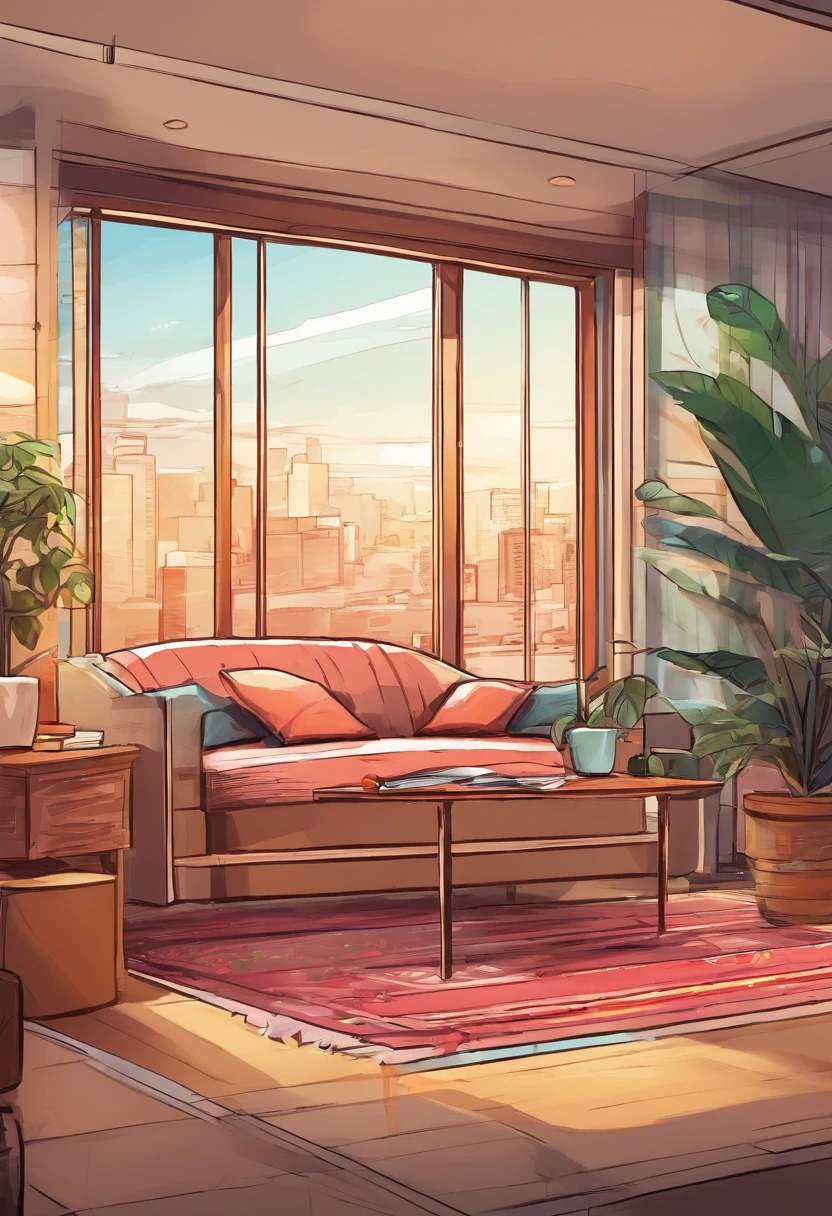 Cafe, coffee table and a large window, interior background art,style of anime