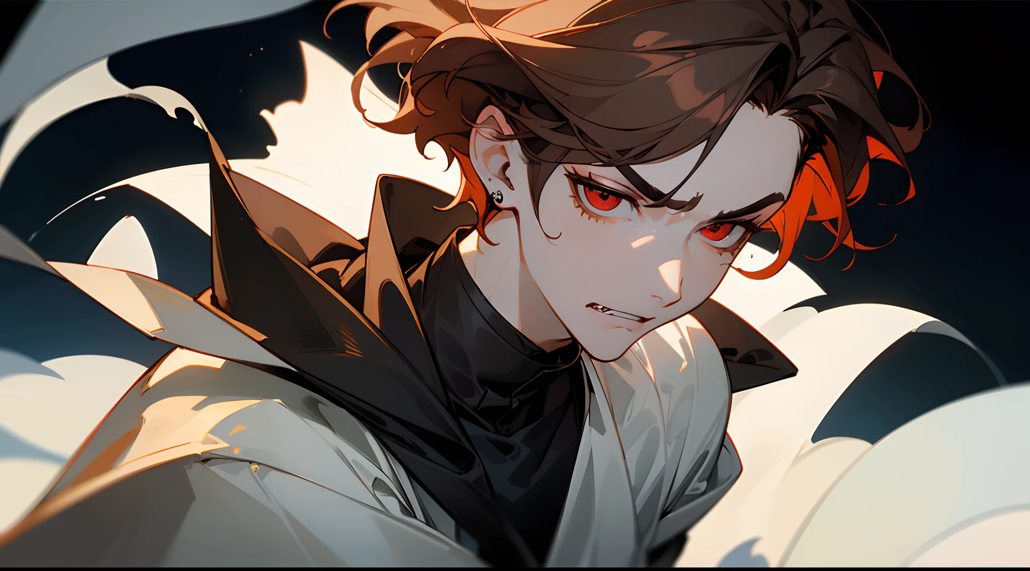 ((tmasterpiece)),(((beste-Qualit))), Close-up of a disgruntled man with brown hair and a white body and a sad girl with long blonde hair standing next to him, character close up, Subsurface scattering skin, Attractive humanoid, (Vampires), no shirt, high detail, stylized portrait, character close up, Only the head and torso, androgynous face, Skinny fantasy man, Fan art, Art, handsome male, pale skin, red-eyes, Skinny face, sunken cheeks, Sharp fangs, A sad deep look, Sad, thought, Looking down, Melancholic appearance, sharp chin, Smooth face, black cloak, Dark clothes, earring in the ear, Hair gradient, hair color from brown to red, thin eyebrows, short hair on the side, Pixie hairstyle, Wavy Hair, Black background, Smoke, haze, bloods