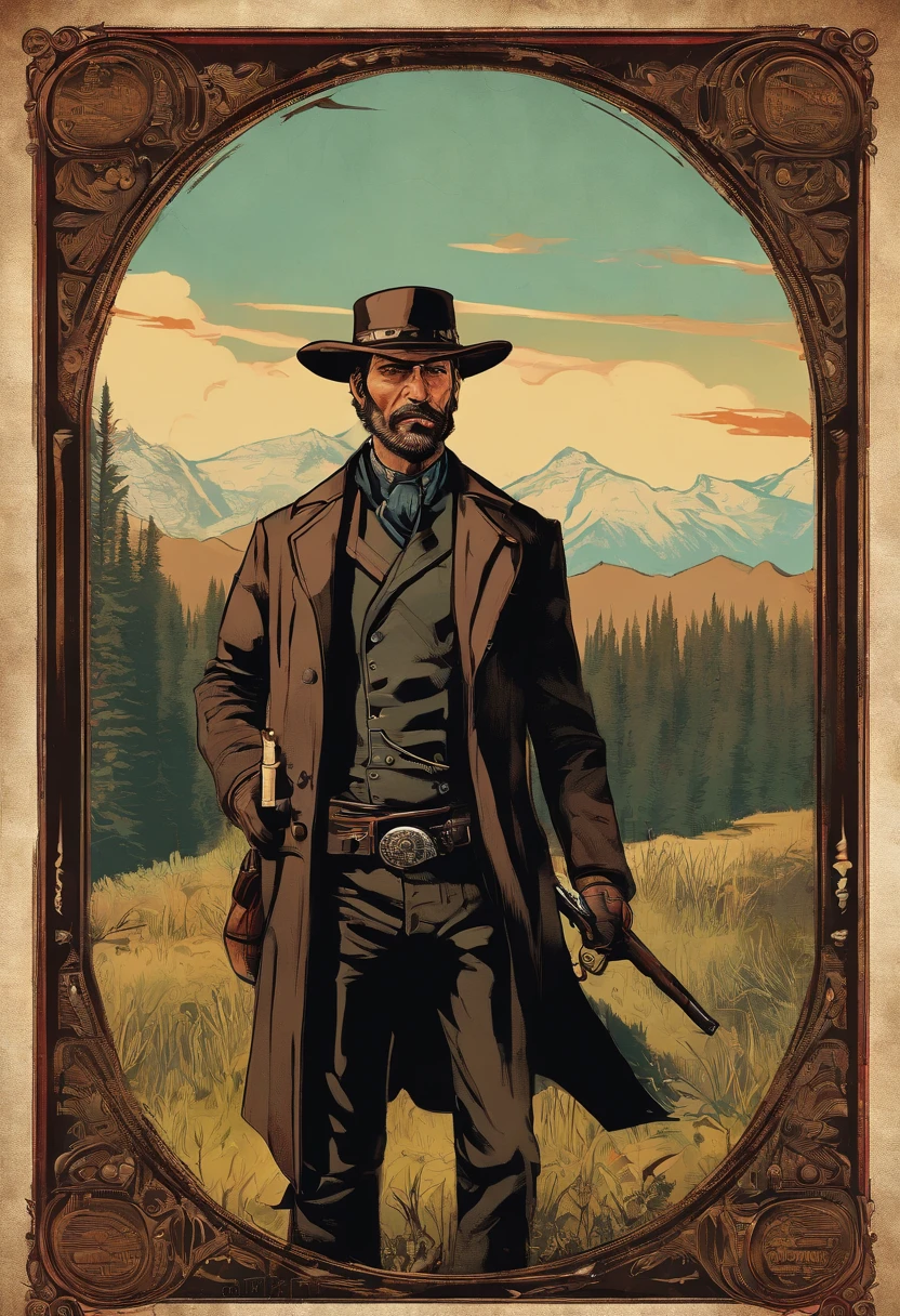 Full body picture of A dangerous outlaw gunslinger from Red Dead Redemption 2, wearingblack leather coat,suit vest,clean shaven,no beards,detailed portrait, vintage illustration, high-res, realistic colors, intricate drawing, vibrant colors, dramatic lighting, full body shot, nothing but clean sheven on face, full body from feet to top. a American eastern 1899 forest cabin background, with grass and many many trees,cigarette card colors,cigarette card,old paper texture