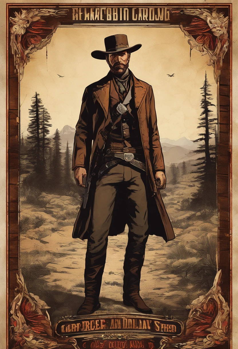 Full body picture of A dangerous outlaw gunslinger from Red Dead Redemption 2, wearingblack leather coat,suit vest,clean shaven,no beards,detailed portrait, vintage illustration, high-res, realistic colors, intricate drawing, vibrant colors, dramatic lighting, full body shot, nothing but clean sheven on face, full body from feet to top. a American eastern 1899 forest cabin background, with grass and many many trees,cigarette card colors,cigarette card,old paper texture