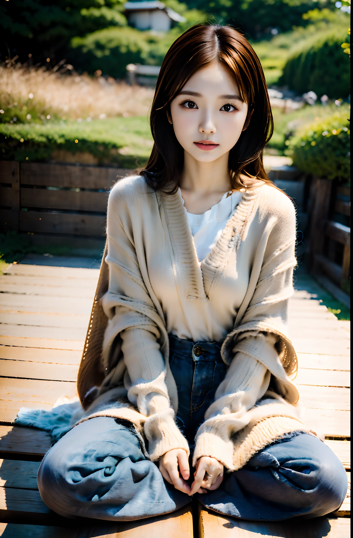 top-quality、masutepiece、8ｋ、parfect anatomy、-yeld gibrown haired, Brown eyes, Natural look sitting cross-legged on a wooden pier, Dressed in a scruffy brown poncho, trouser, Bare legged, Male chilhind々And cloudy skies