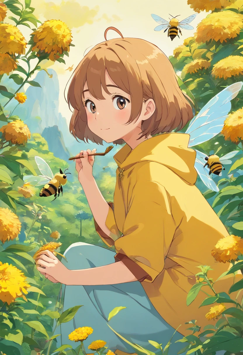 Erstellen Sie eine Illustration, in dem sich bienen an Honigglas laben. Stellen Sie sich diese bienen vor, die den honig mit ihren winzigen Beinen halten und es begeistert verschlingen, (honig)