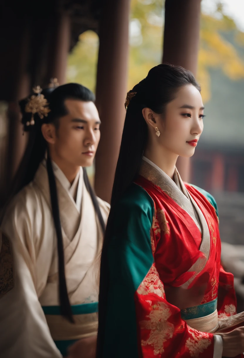 A Chinese girl and a Chinese boy face to face,Chinese,Hanfu,Affectionate,hair-bun,long whitr hair,Stunning and handsome,photore,k hd,exteriors,Chinese Ancient Architecture