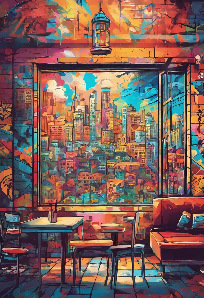 Cafe, coffee table and a large window, interior background art，style of anime