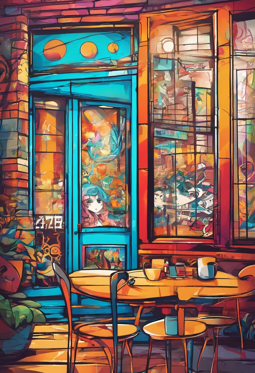 Cafe, coffee table and a large window, interior background art，style of anime