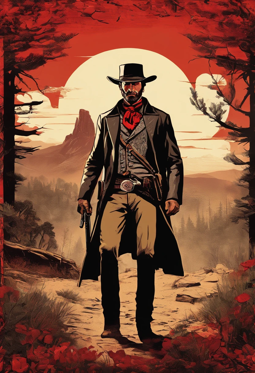 《Red Dead Redemption 2》Full body picture of a dangerous illegal gunman, Wearing a black fur coat,suit vest,clean shaven,without a beard,Detailed portrait, Vintage illustration, High-res, Realistic colors, intricate drawing, Vibrant colors, Dramatic lighting, Full body shot, There are only clean calves on the face, The whole body from the feet to the top. Eastern United States 1899 forest hut background, There are grasses and many trees,Cigarette card color,Cigarette card,Old paper texture