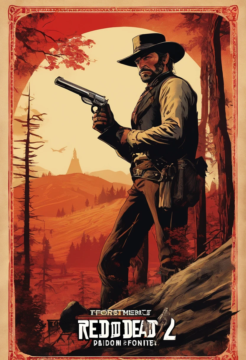 《Red Dead Redemption 2》Full body picture of a dangerous illegal gunman, Wearing a black fur coat,suit vest,clean shaven,without a beard,Detailed portrait, Vintage illustration, High-res, Realistic colors, intricate drawing, Vibrant colors, Dramatic lighting, Full body shot, There are only clean calves on the face, The whole body from the feet to the top. Eastern United States 1899 forest hut background, There are grasses and many trees,Cigarette card color,Cigarette card,Old paper texture