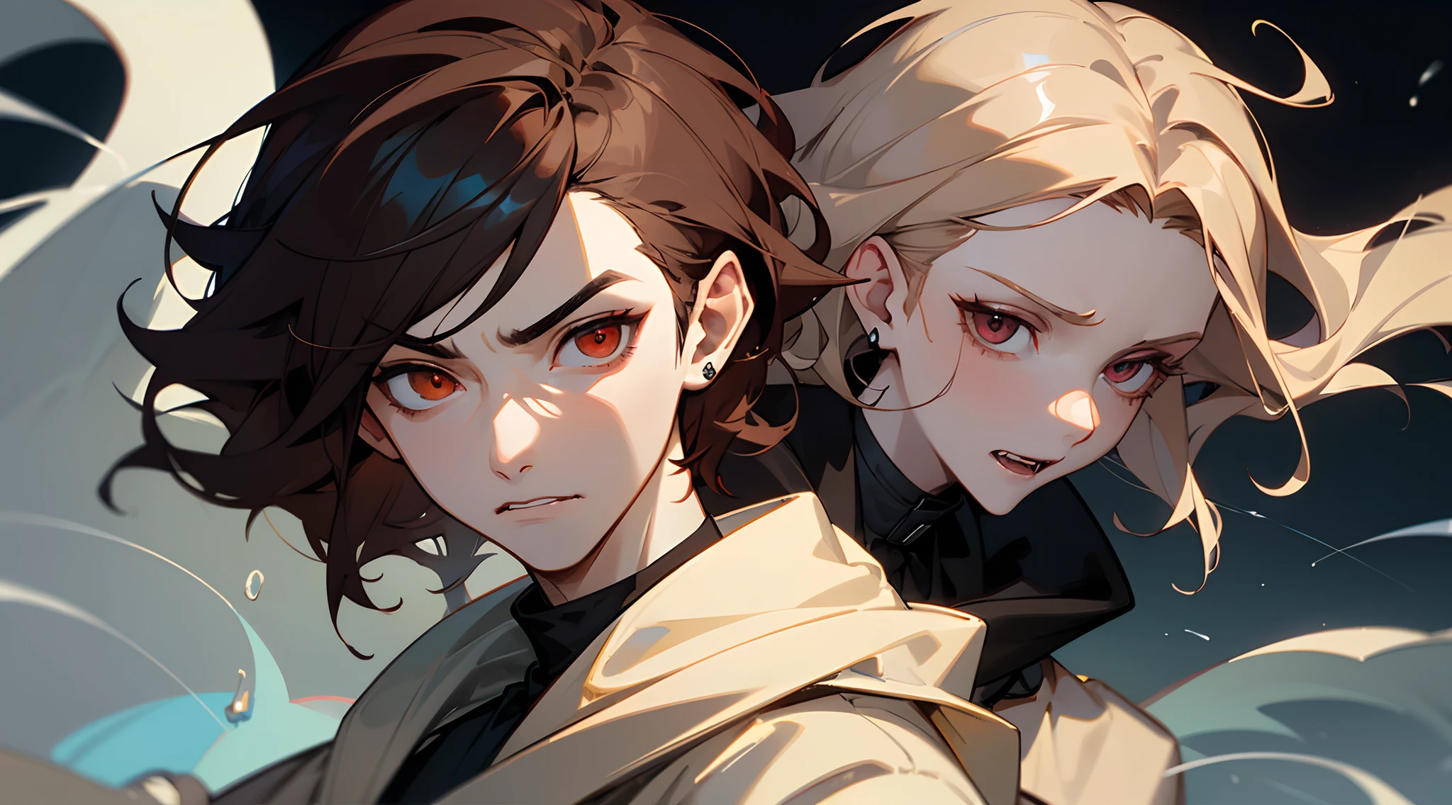 ((tmasterpiece)),(((beste-Qualit))), Close-up of a disgruntled man with brown hair and a white body and a sad girl with long blonde hair, standing next to him, character close up, Subsurface scattering skin, Attractive humanoid, (vampires), no shirt, high detail, stylized portrait, character close up, Only the head and torso, androgynous face, Skinny fantasy man, Fan art, Art, handsome male, pale skin, red-eyes, Skinny face, sunken cheeks, Sharp fangs, A sad deep look, Sad, thought, Looking down, Melancholic appearance, sharp chin, Smooth face, black cloak, Dark clothing, earring in the ear, Hair gradient, hair color from brown to red, thin eyebrows, short hair on the side, pixie hairstyle, Wavy Hair, Black background, Smoke, haze, bloods